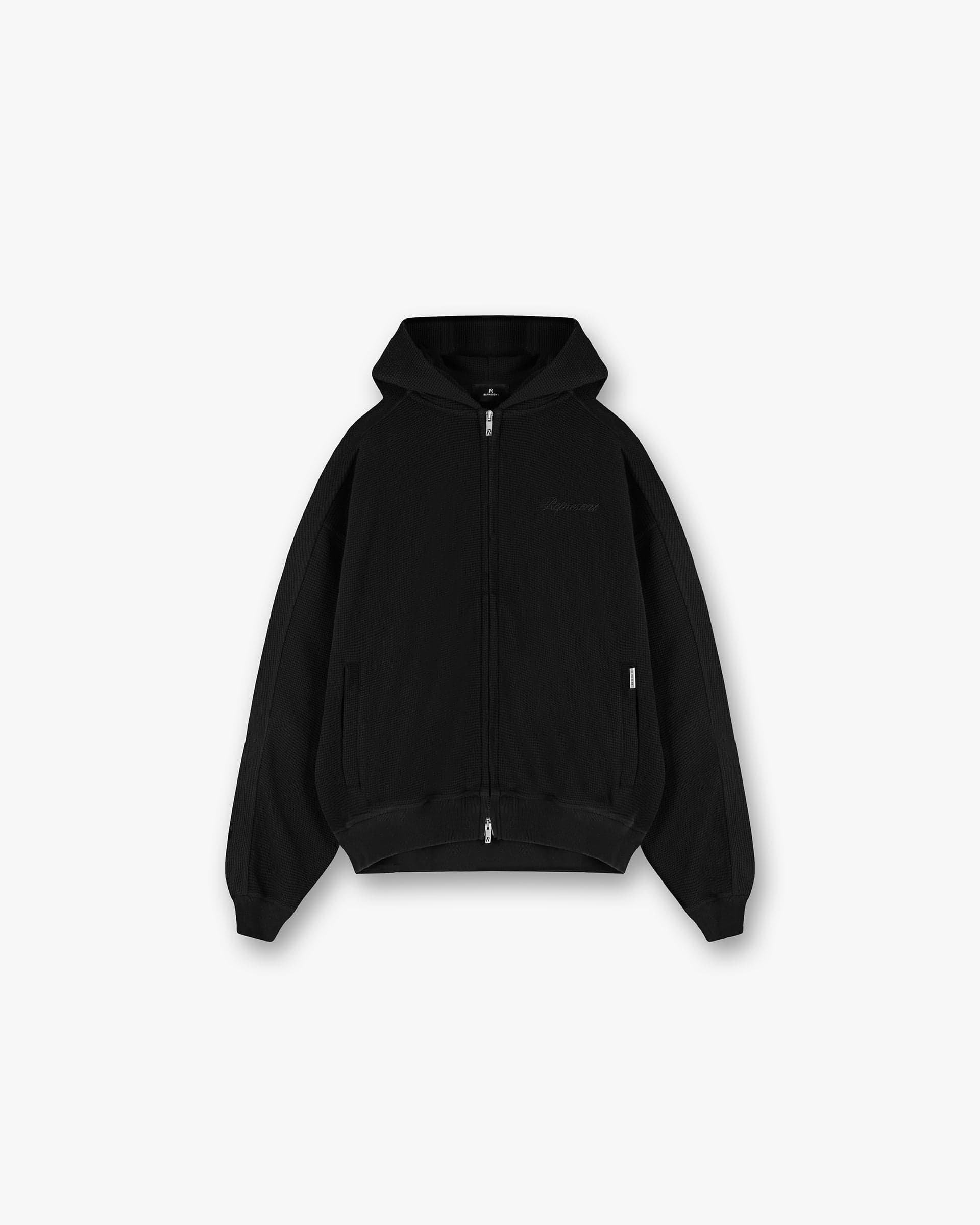 Jet Black Waffle Zip Up Hoodie | Mens Hoodies | REPRESENT