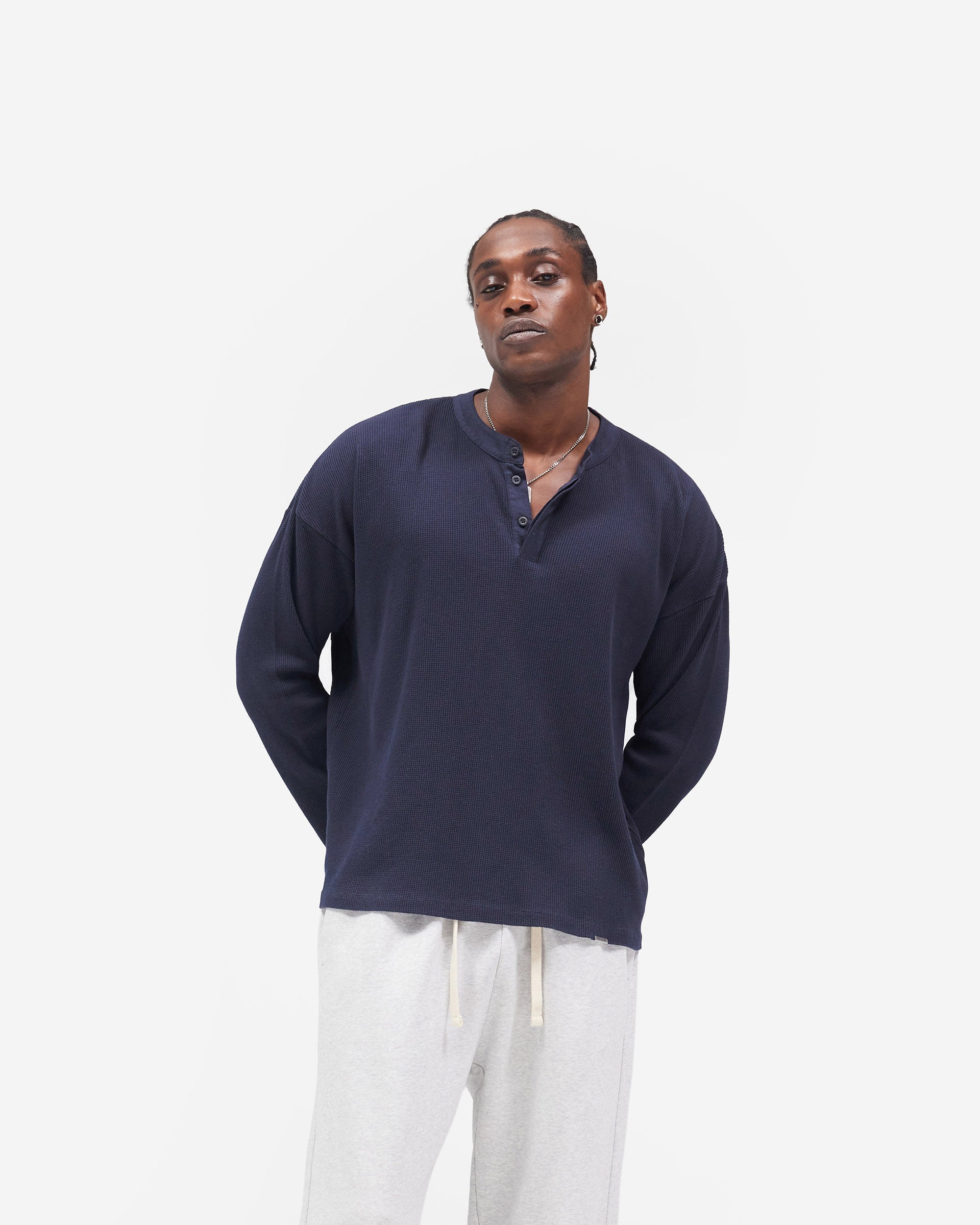 Initial Henley Waffle Long Sleeve T-Shirt - Midnight Navy