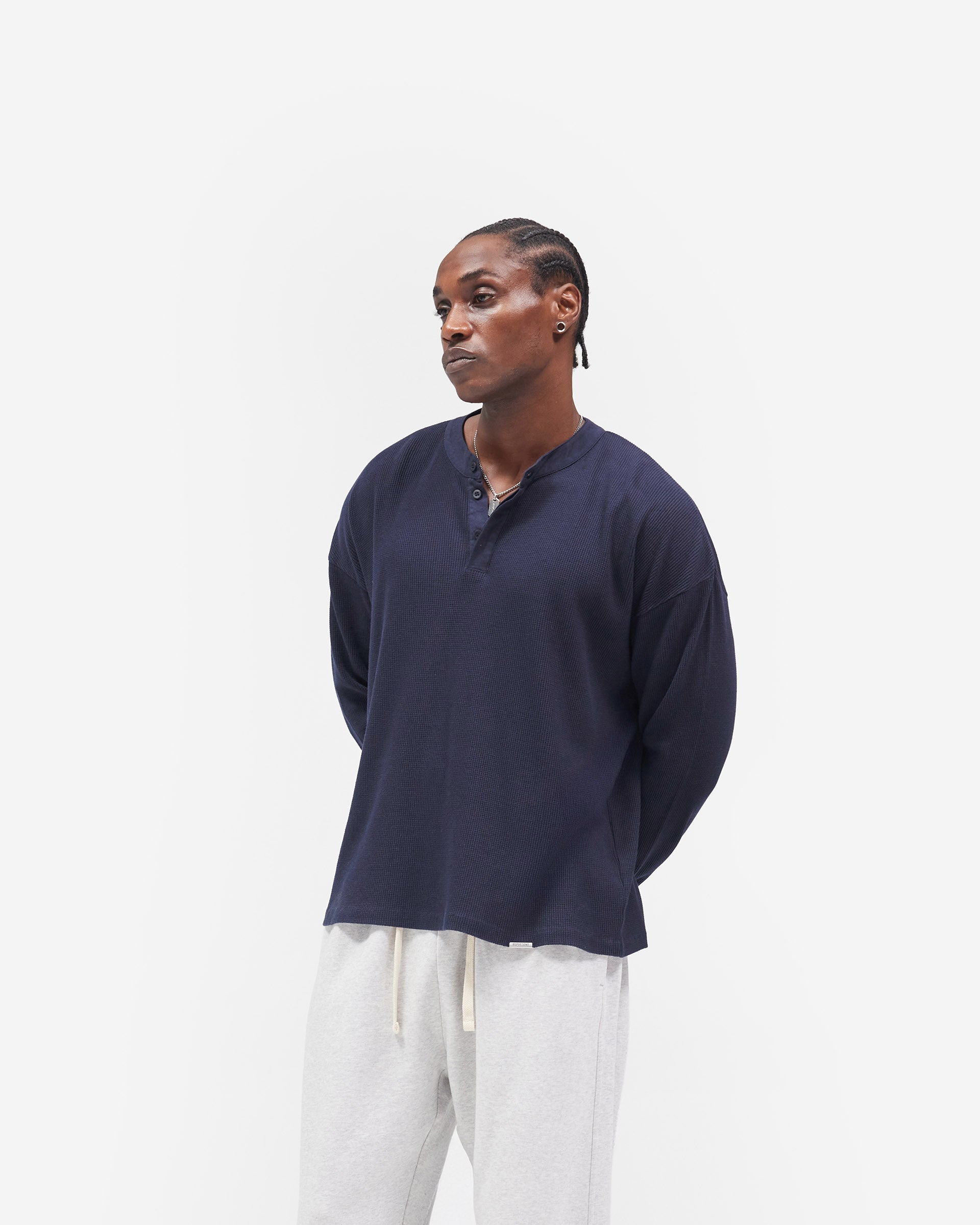 Initial Henley Waffle Long Sleeve T-Shirt - Midnight Navy