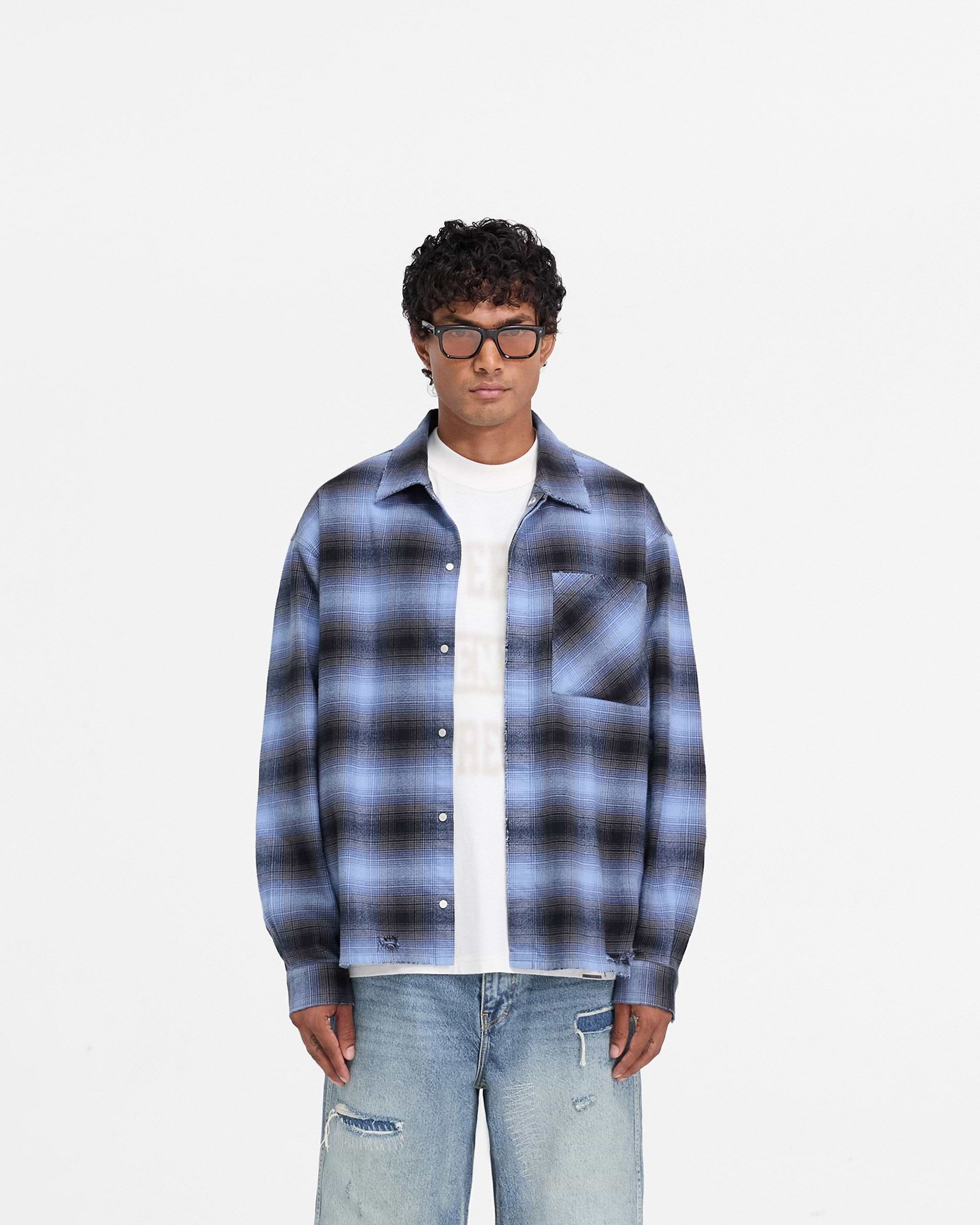 Represent X End Distressed Flannel Shirt - Blue