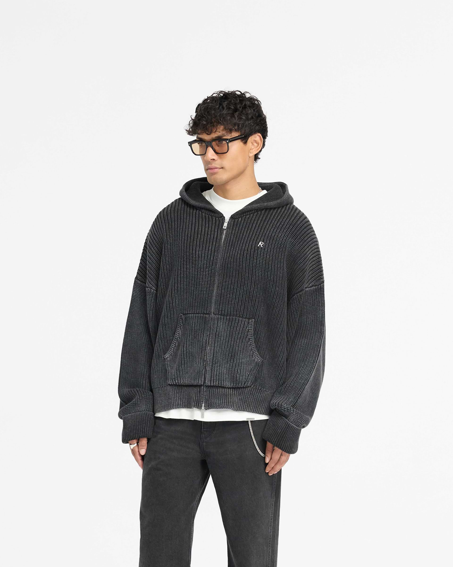 Ribbed Zip Through Hoodie - Jet Black