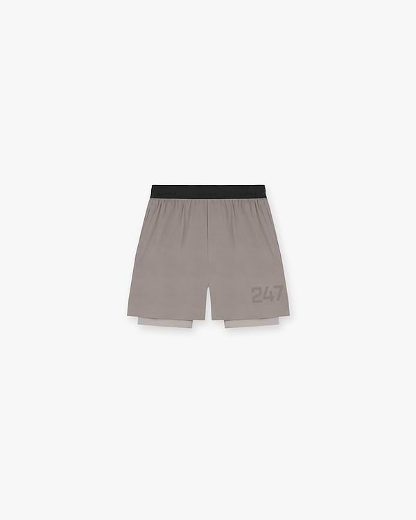 Front product image of mens grey trail shorts on a plain white background | 247 Trail Short in Cinder | Gym shorts with back yoke towel storage | 247 Shorts | Represent Clo