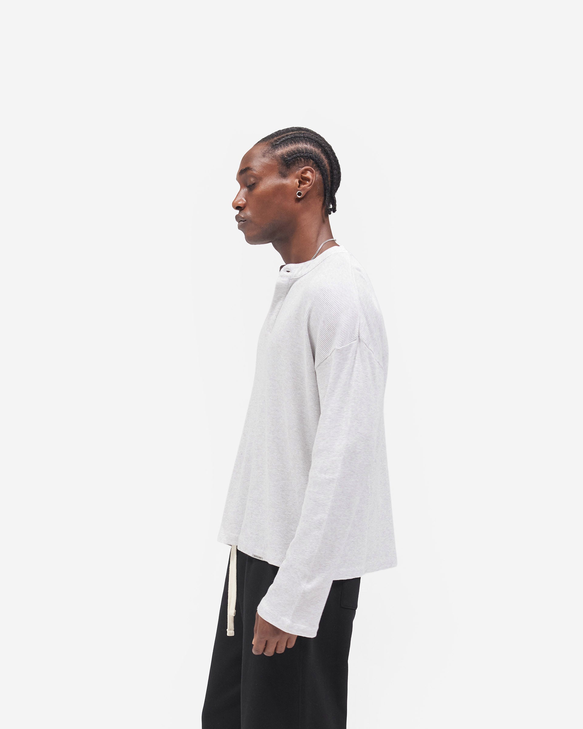 Initial Henley Waffle Long Sleeve T-Shirt - Ice Grey Marl