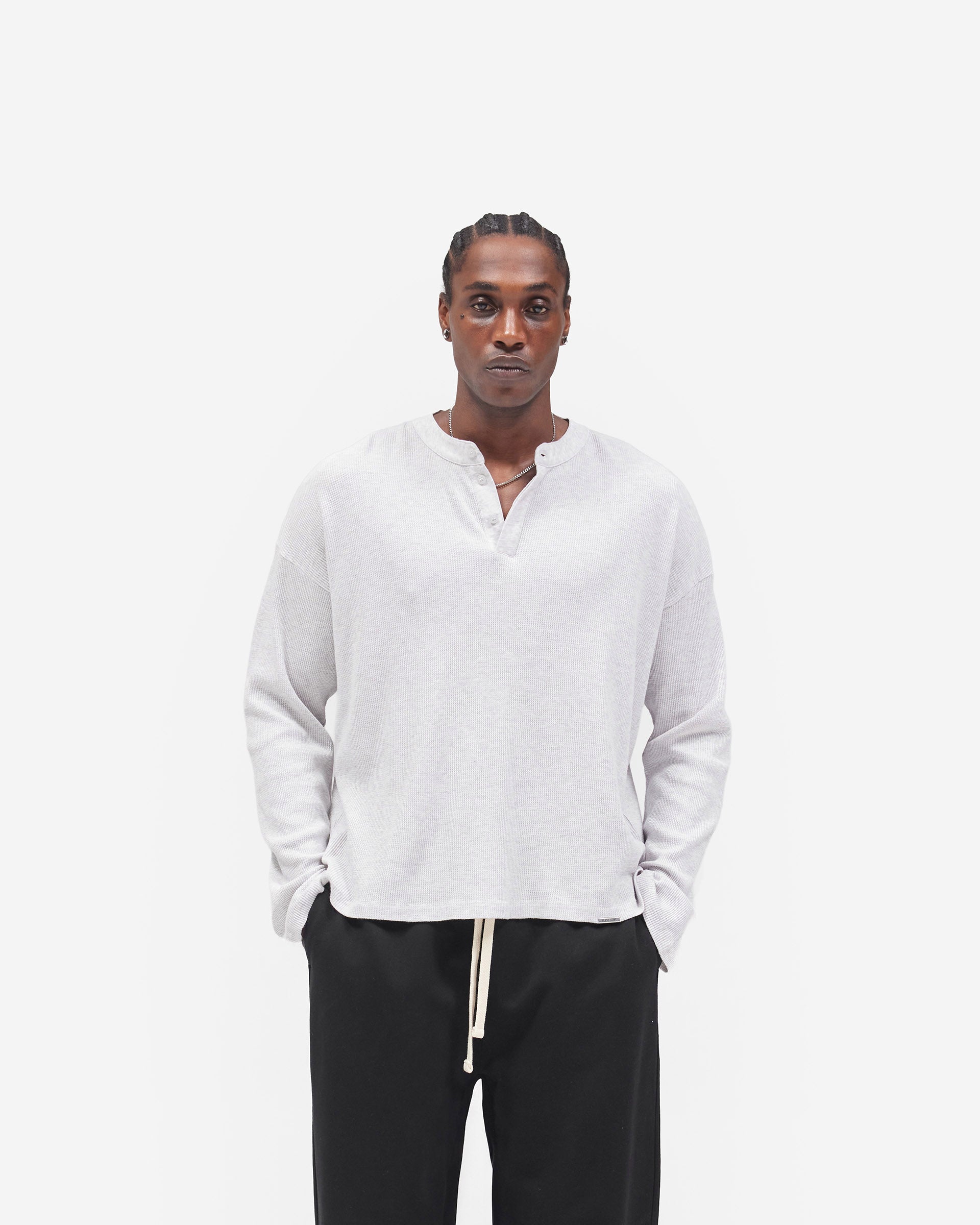 Initial Henley Waffle Long Sleeve T-Shirt - Ice Grey Marl