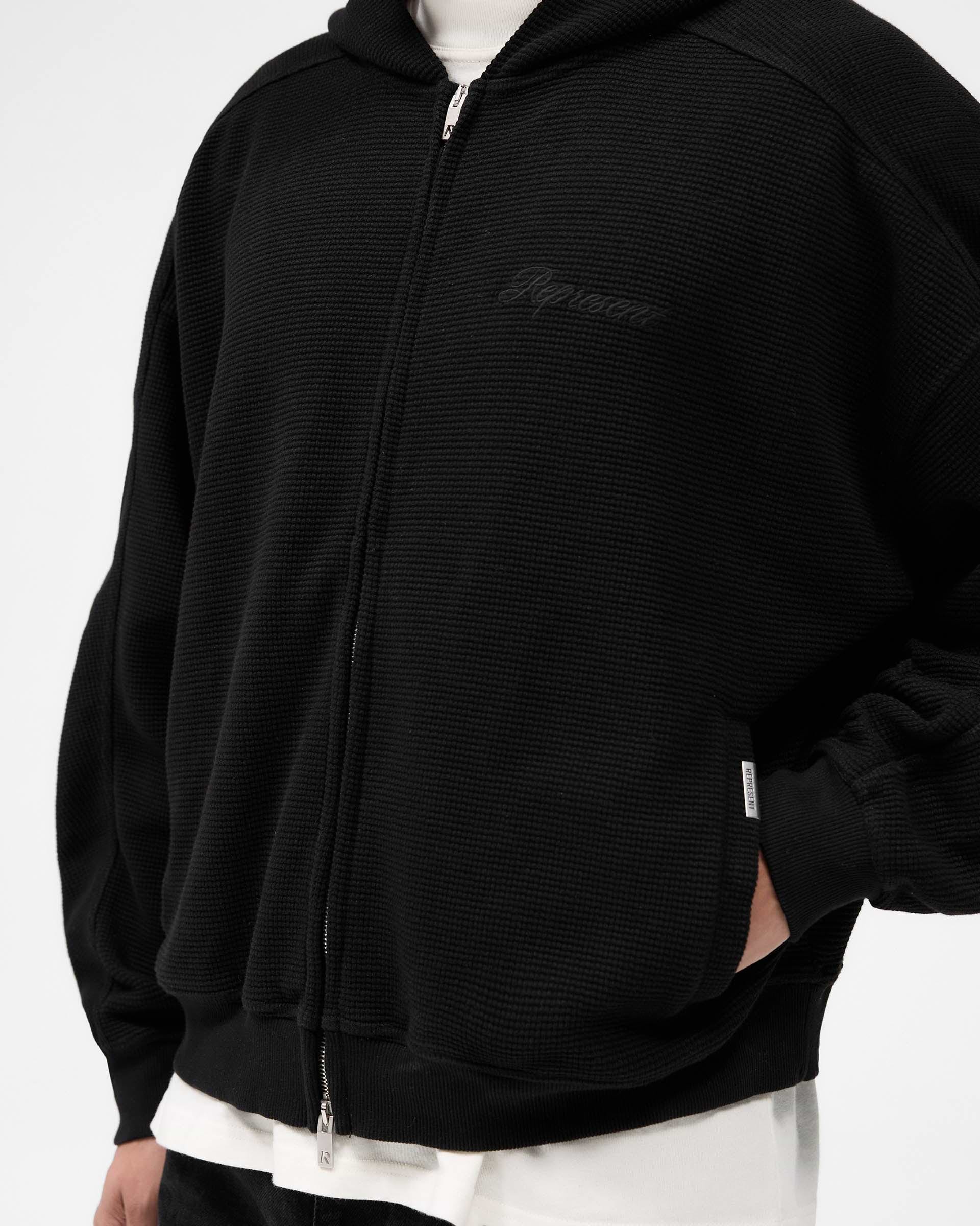 Jet Black Waffle Zip Up Hoodie | Mens Hoodies | REPRESENT