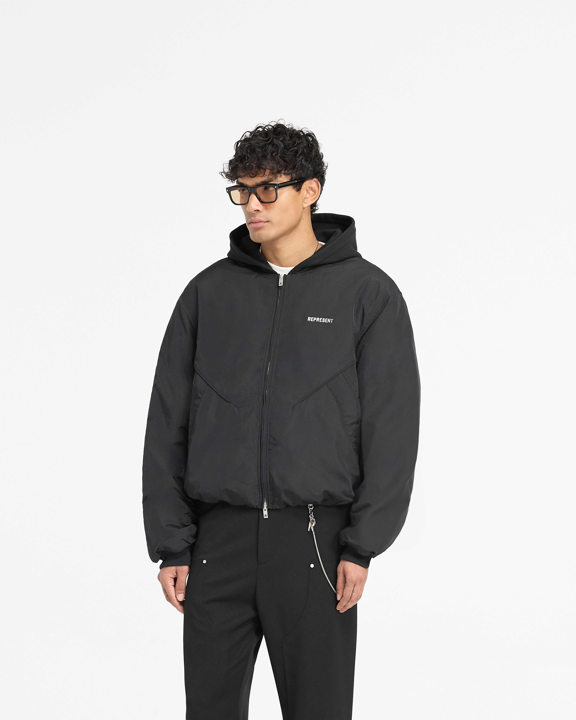 Nylon Hooded Bomber Jacket - Black