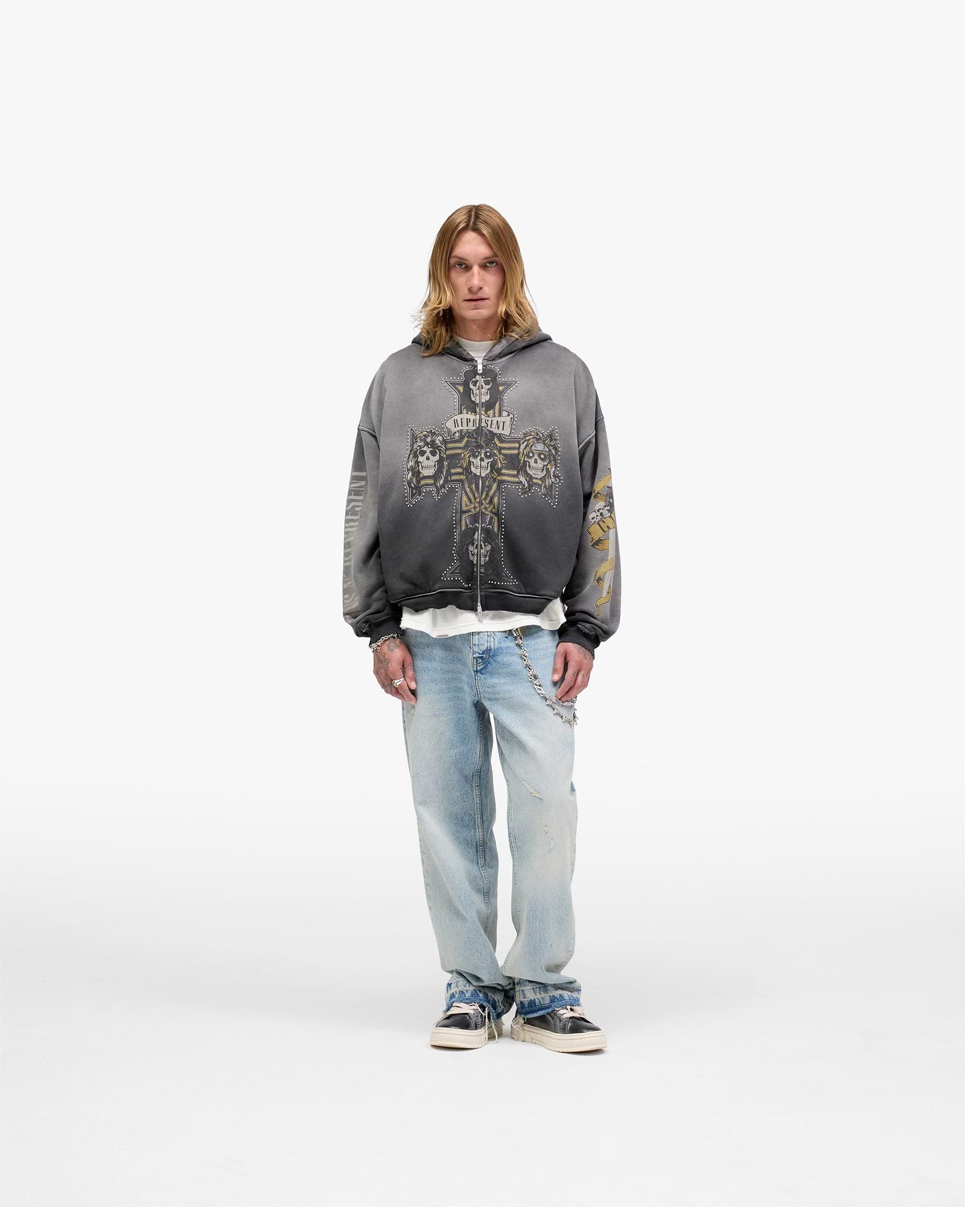 Represent X Guns N' Roses Cross Zip Through Hoodie - Stained Black