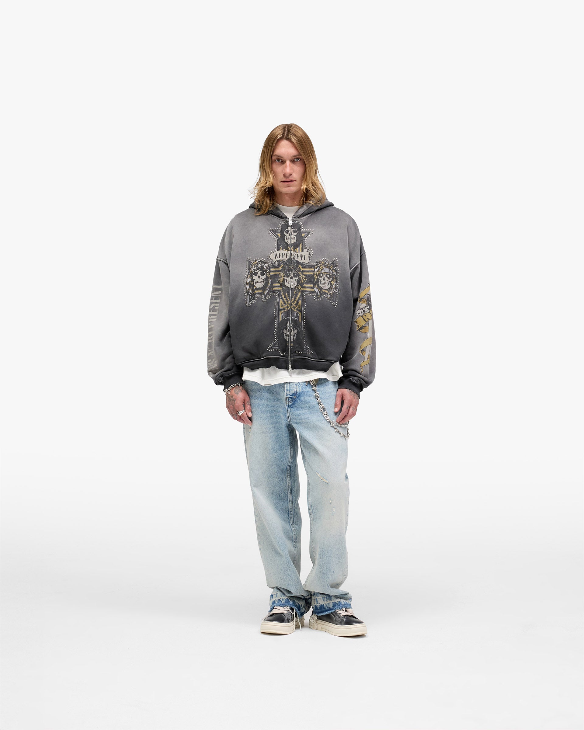 Represent X Guns N' Roses Cross Zip Through Hoodie - Stained Black