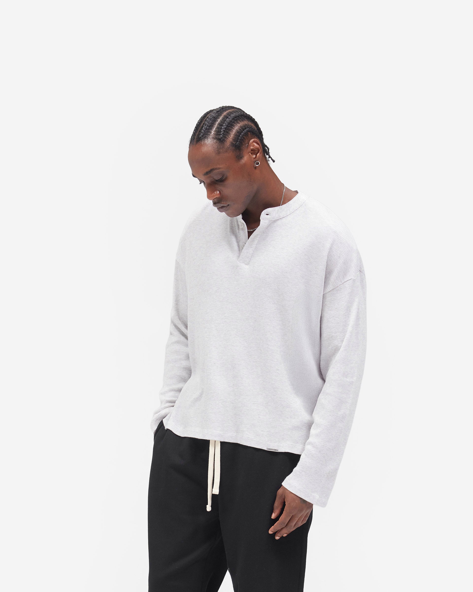 Initial Henley Waffle Long Sleeve T-Shirt - Ice Grey Marl