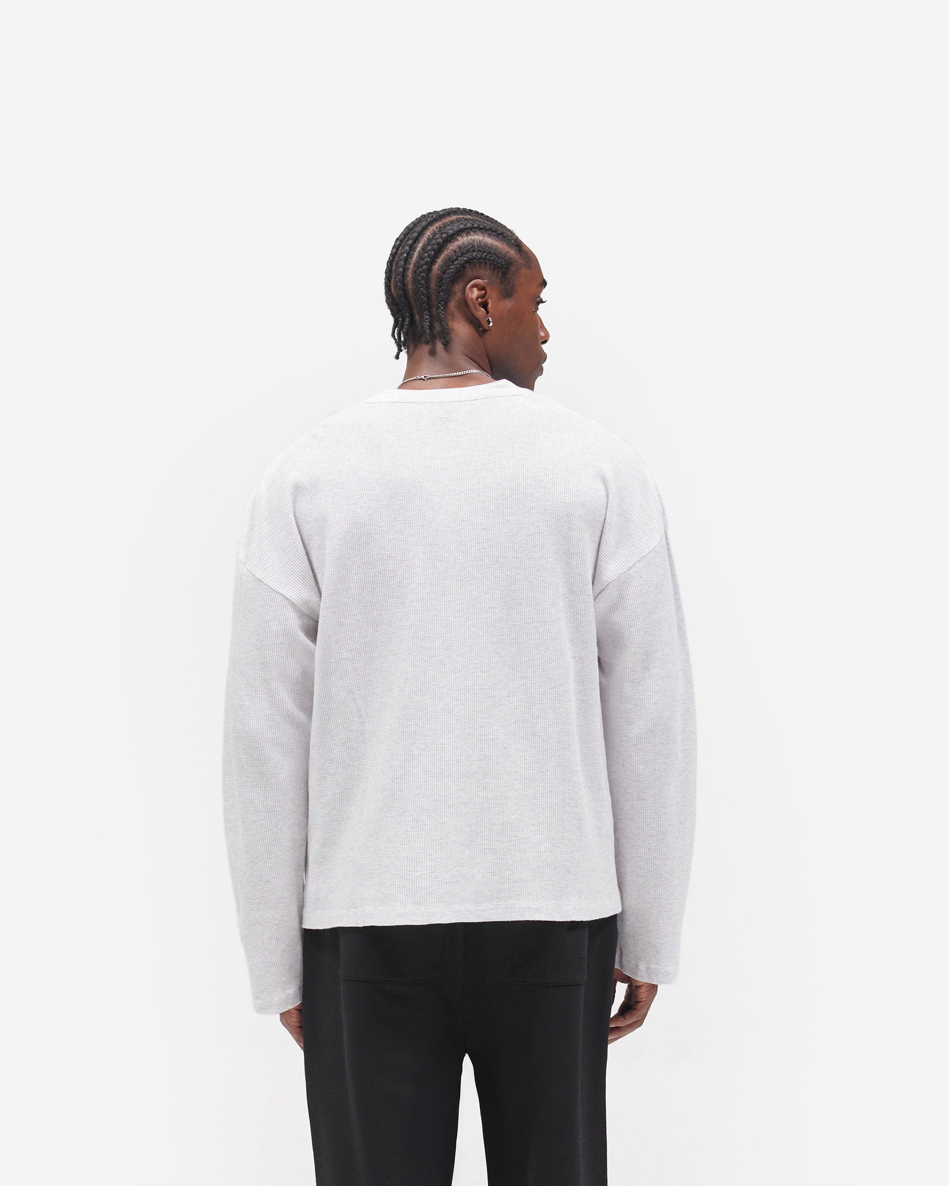 Initial Henley Waffle Long Sleeve T-Shirt - Ice Grey Marl