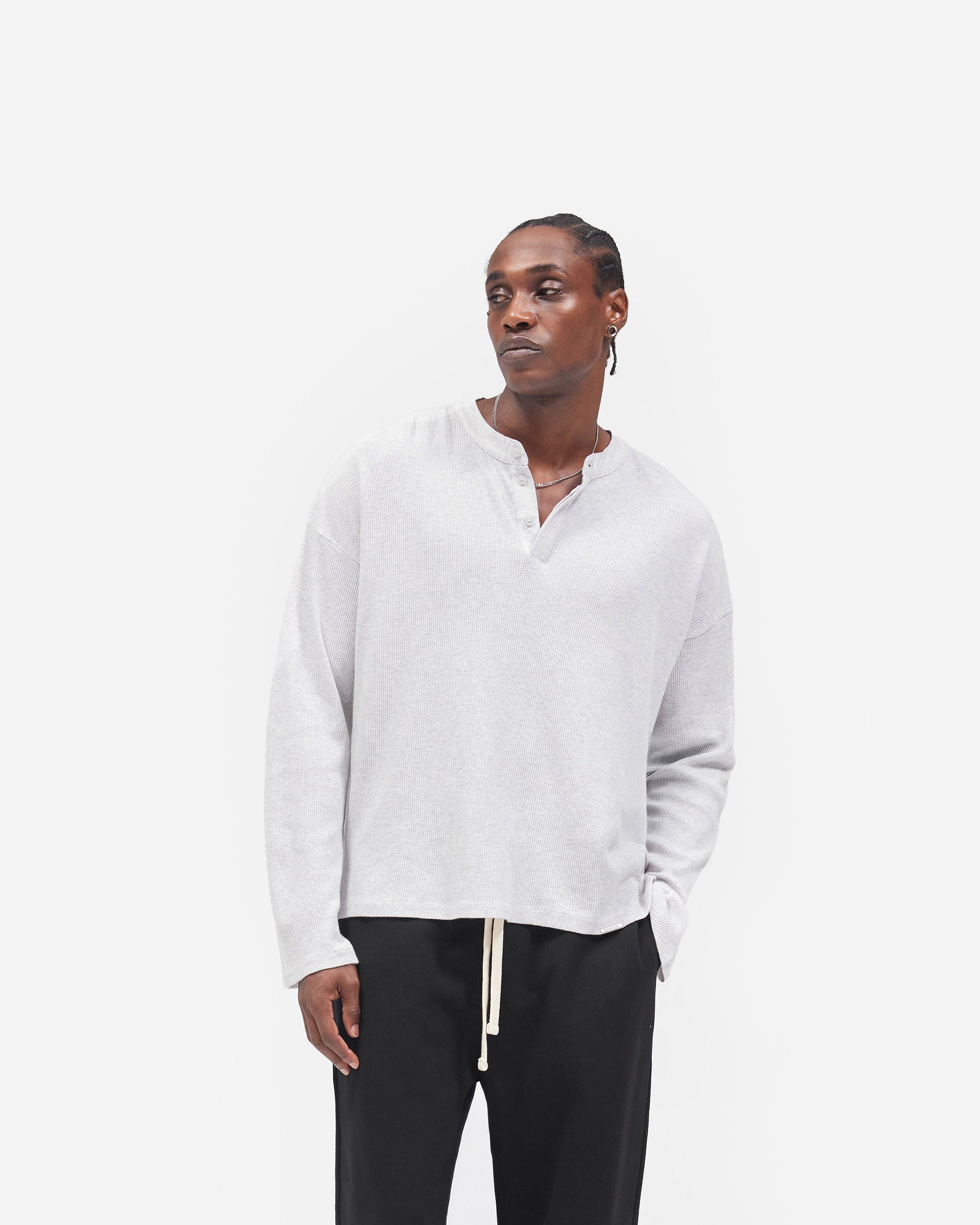 Initial Henley Waffle Long Sleeve T-Shirt - Ice Grey Marl