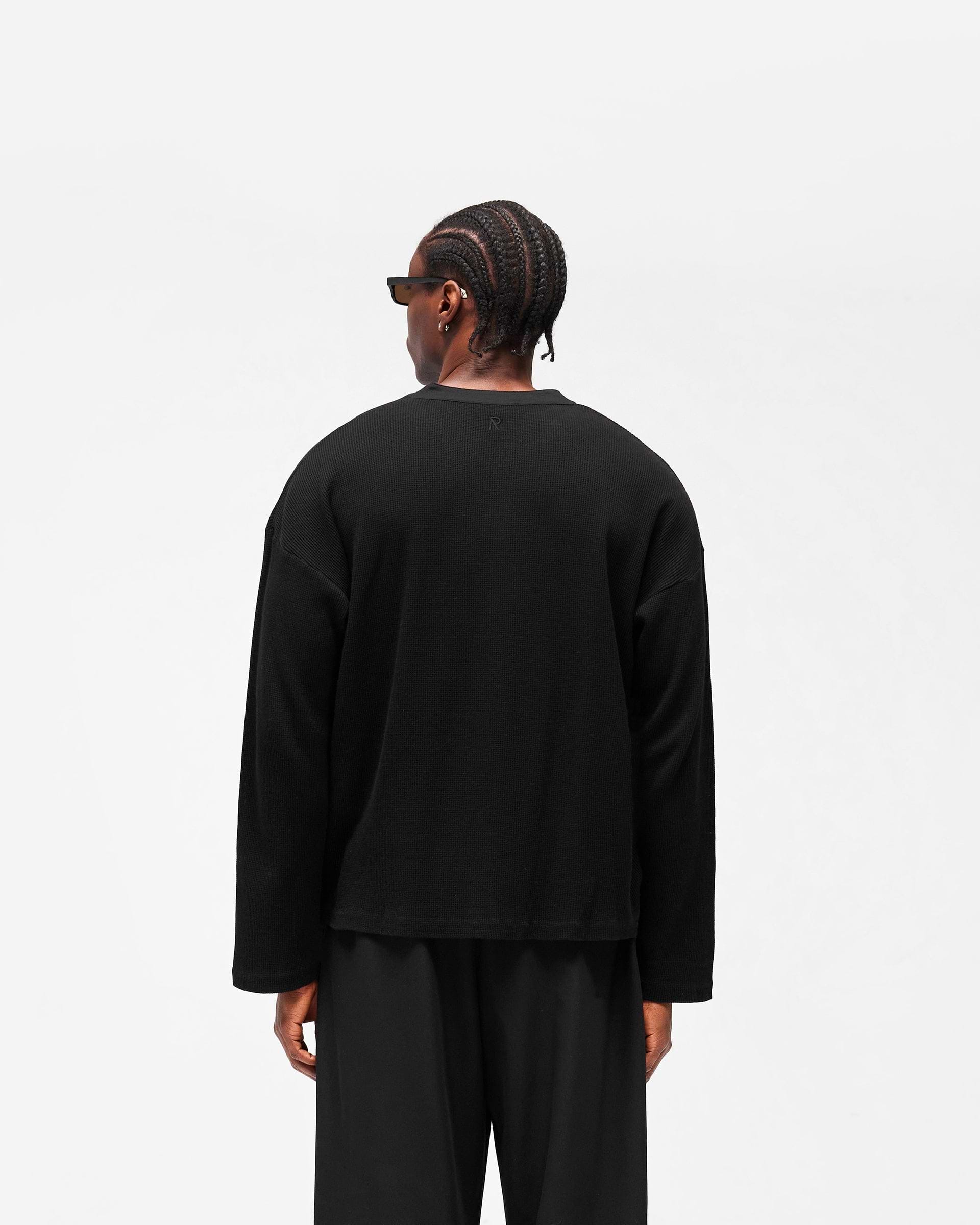 Initial Henley Waffle Long Sleeve T-Shirt - Jet Black