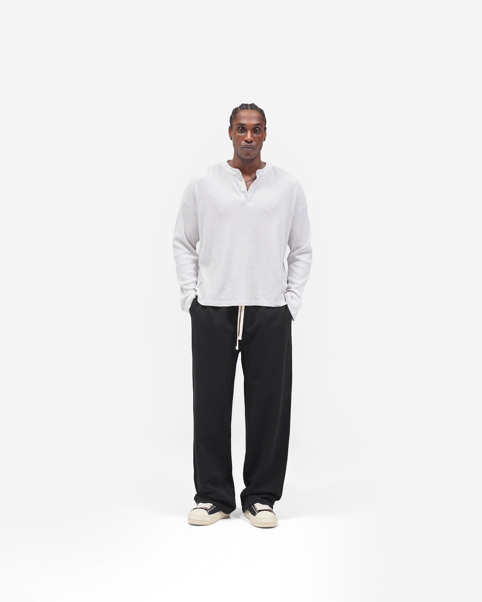 Initial Henley Waffle Long Sleeve T-Shirt - Ice Grey Marl