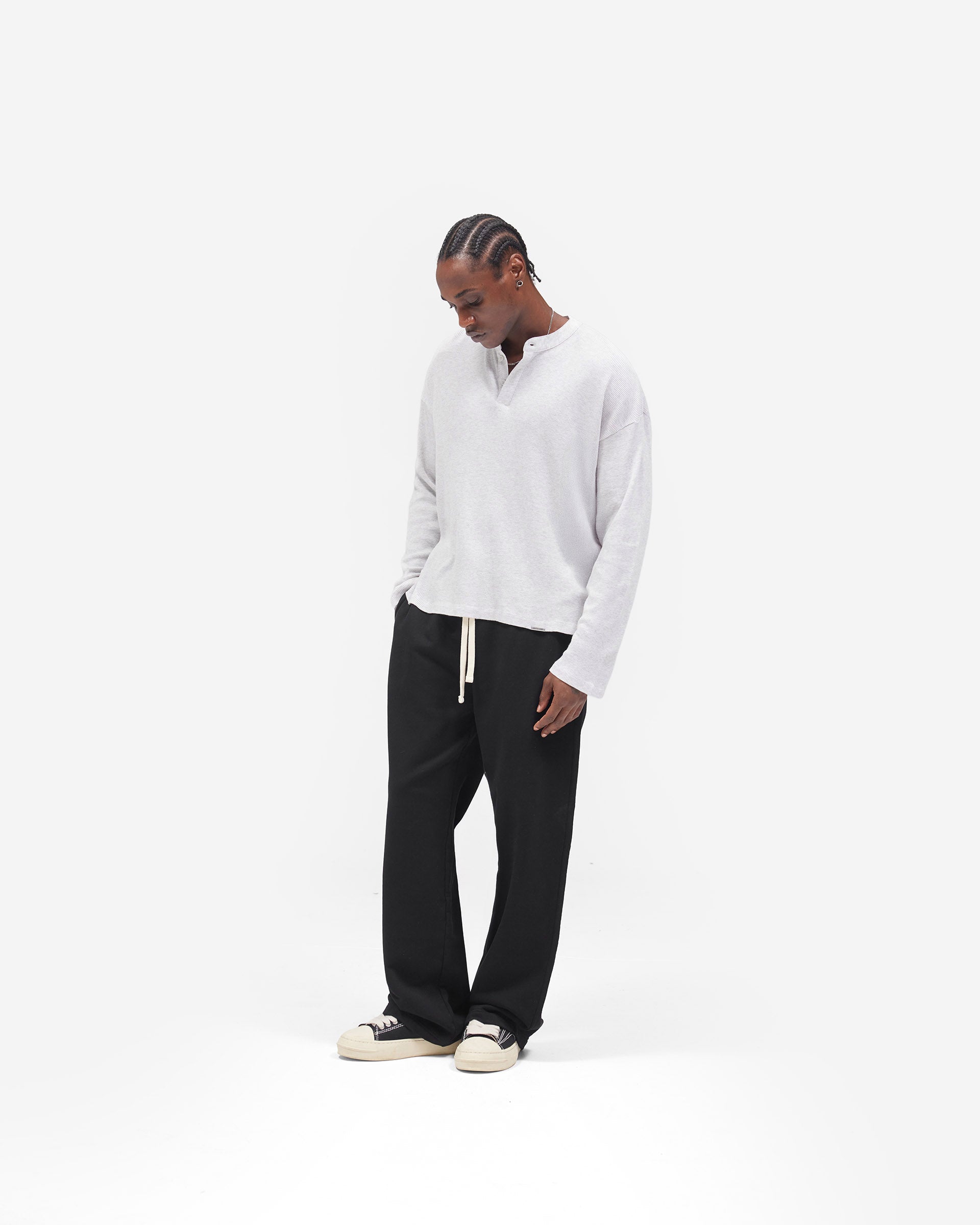 Initial Henley Waffle Long Sleeve T-Shirt - Ice Grey Marl