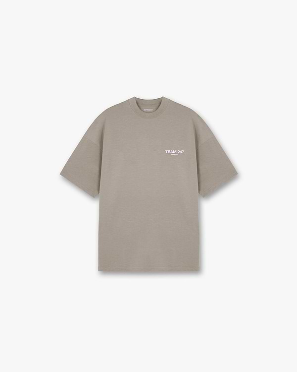 Front product image of a mens khaki oversized t-shirt on a plain white background | Team 247 Oversized T-Shirt in Khaki Lilac | Oversized t-shirt | 247 T-Shirts | Represent Clo