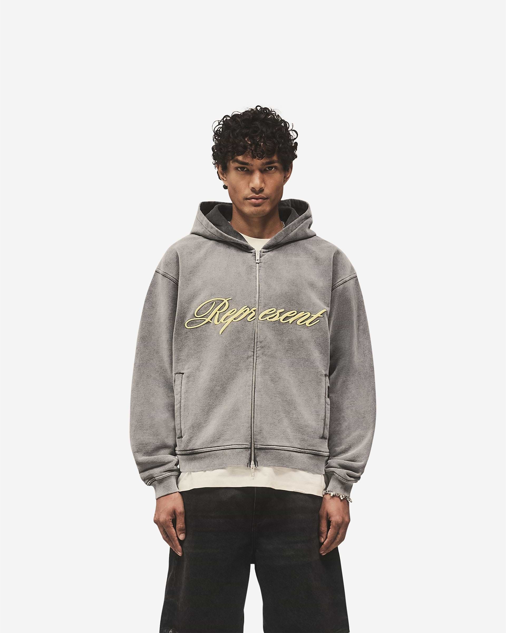 Vintage Grey Script Zip Hoodie | Mens Hoodies | REPRESENT