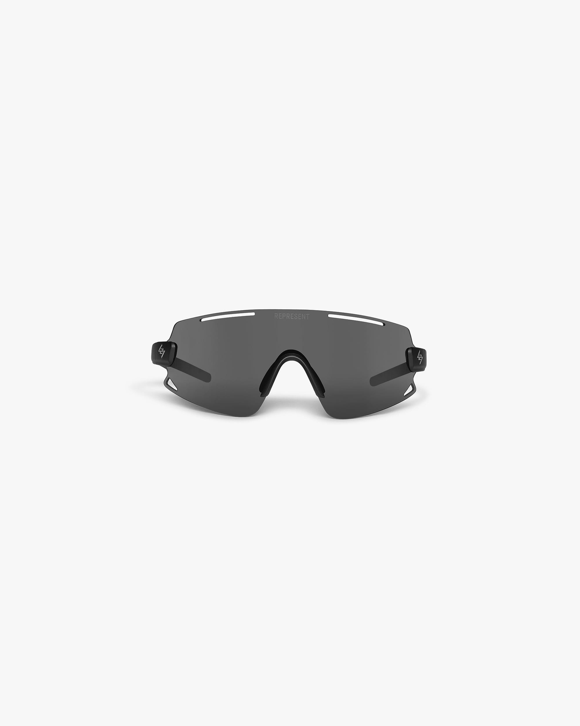 Front product image of mens black sunglasses on a plain white background | 247 Terra Sunglasses in Black Smoke | Sleek black smoke lenses and modern design | 247 Accessories | Represent Clo