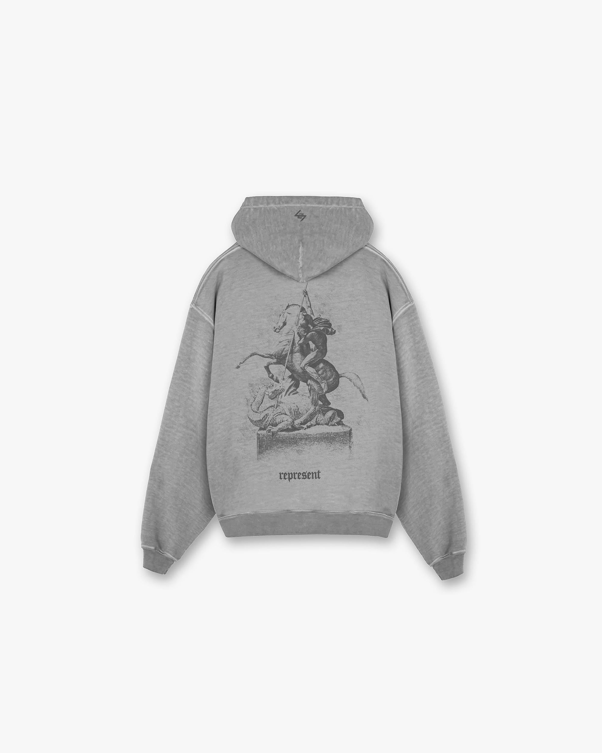 Back product image of a mens grey hoodie on a plain white background | Vintage 247 Oversized Hoodie in Smoke | Hoodie with George and the Dragon graphic | 247 Hoodies | Represent Clo
