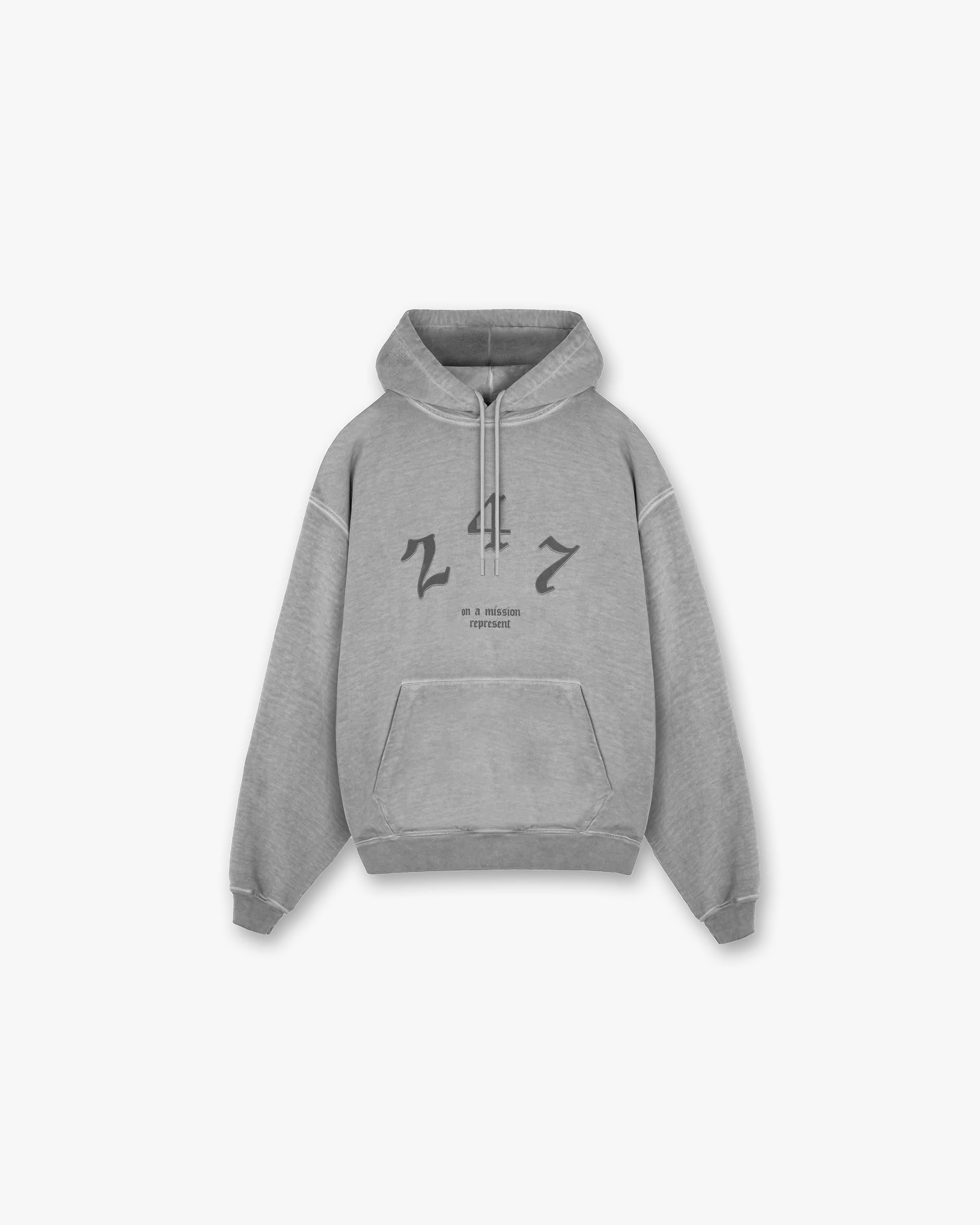 Front product image of a mens black hoodie on a plain white background | Vintage 247 Oversized Hoodie in Smoke | Oversized hoodie with drop shoulders and metal bar branding | 247 Hoodies | Represent Clo
