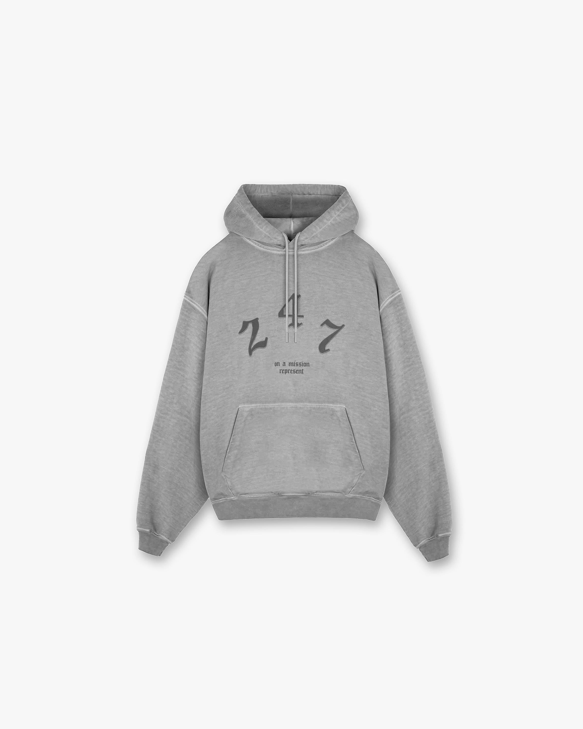 Front product image of a mens black hoodie on a plain white background | Vintage 247 Oversized Hoodie in Smoke | Oversized hoodie with drop shoulders and metal bar branding | 247 Hoodies | Represent Clo