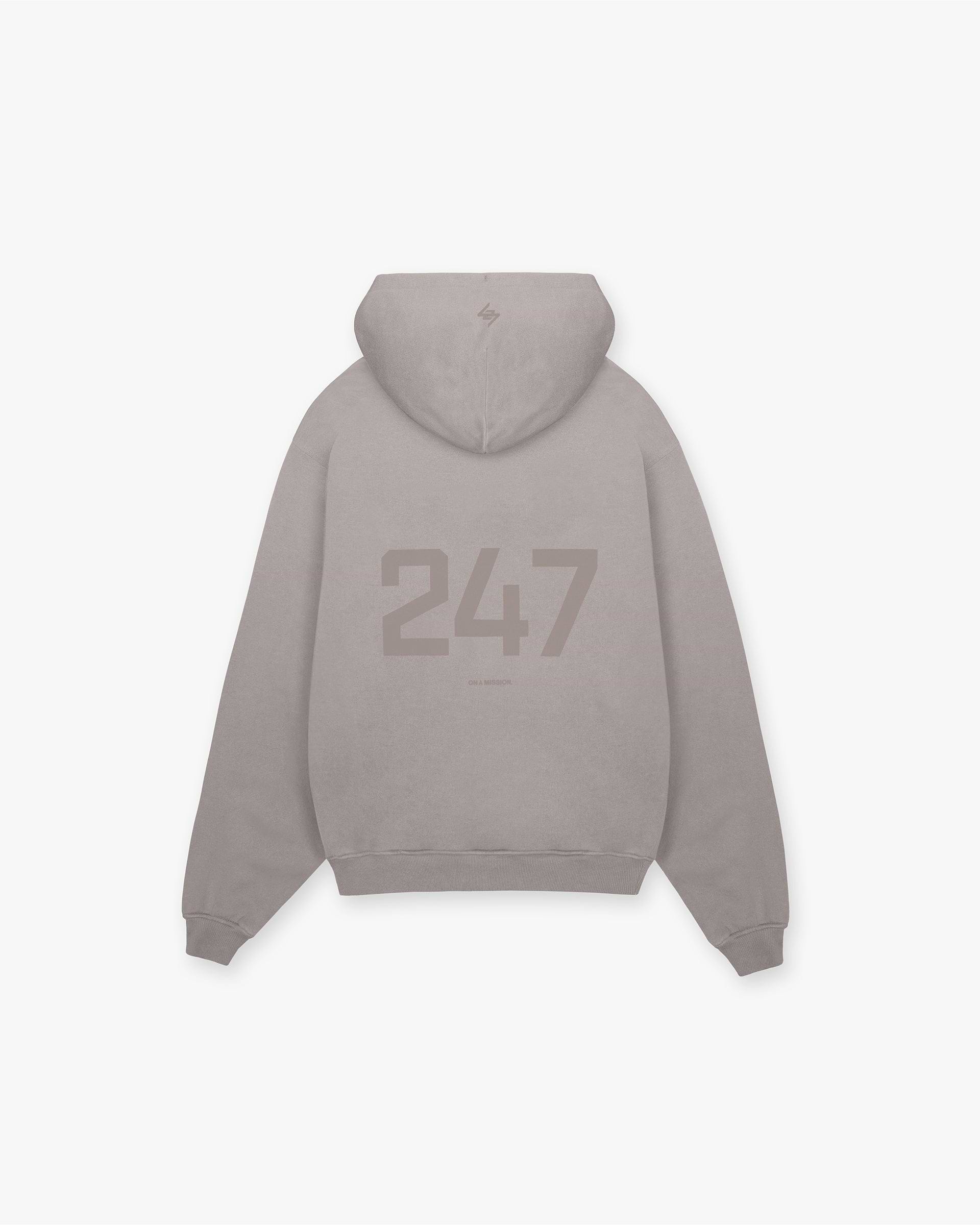 Back product image of a mens grey hoodie on a plain white background | 247 Oversized Hoodie in Cinder | Oversized fit hoodie with ribbed cuffs and hems | 247 Hoodies | Represent Clo