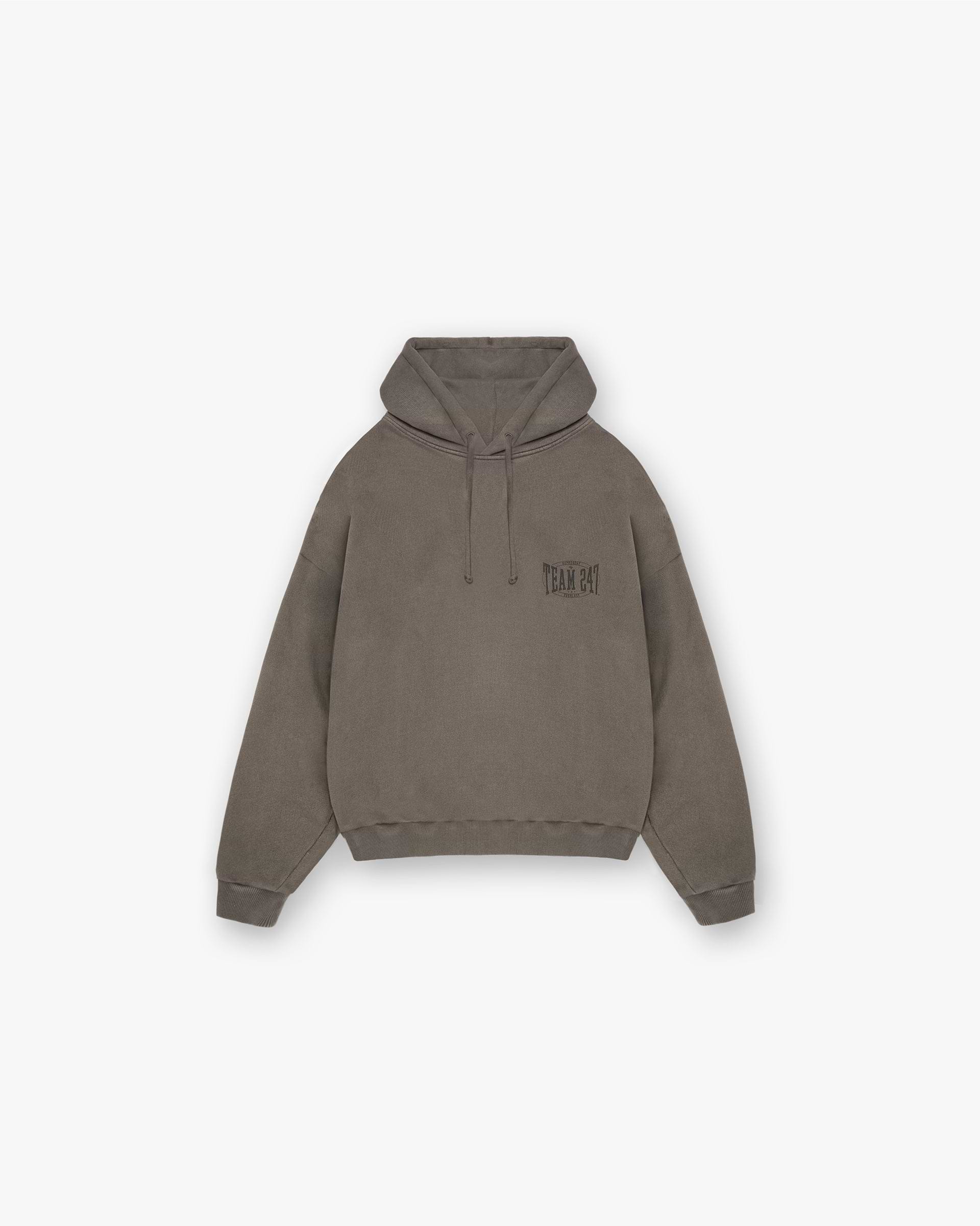 Front product image of a mens brown hoodie on a plain white background | 247 X Everlast Training Camp Boxy Hoodie in Washed Brown | Boxy fit hoodie | 247 Hoodies | Represent Clo