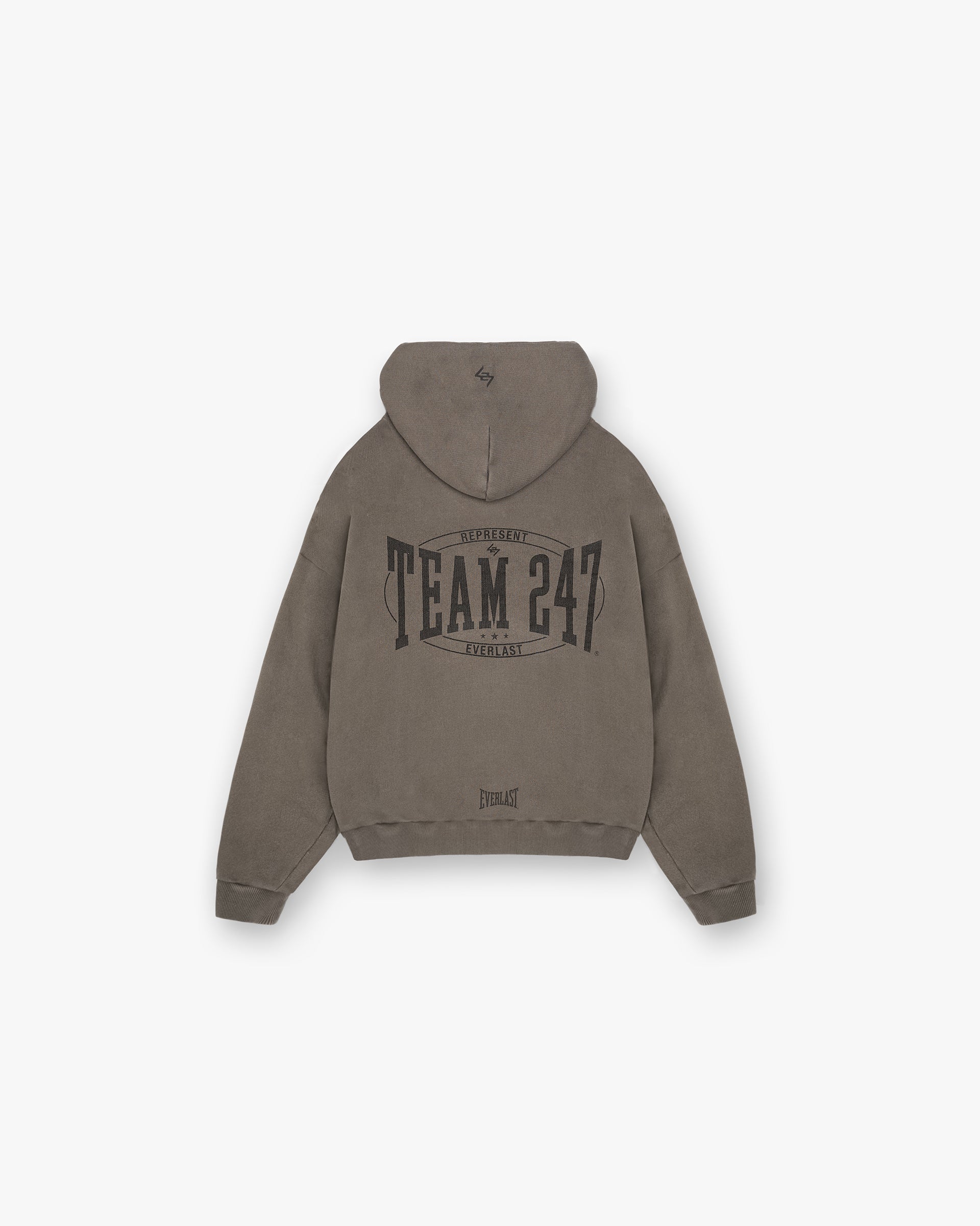 Back product image of a mens brown hoodie on a plain white background | 247 X Everlast Training Camp Boxy Hoodie in Washed Brown | Boxy fit cropped hoodie with cracked graphic | 247 Hoodies | Represent Clo