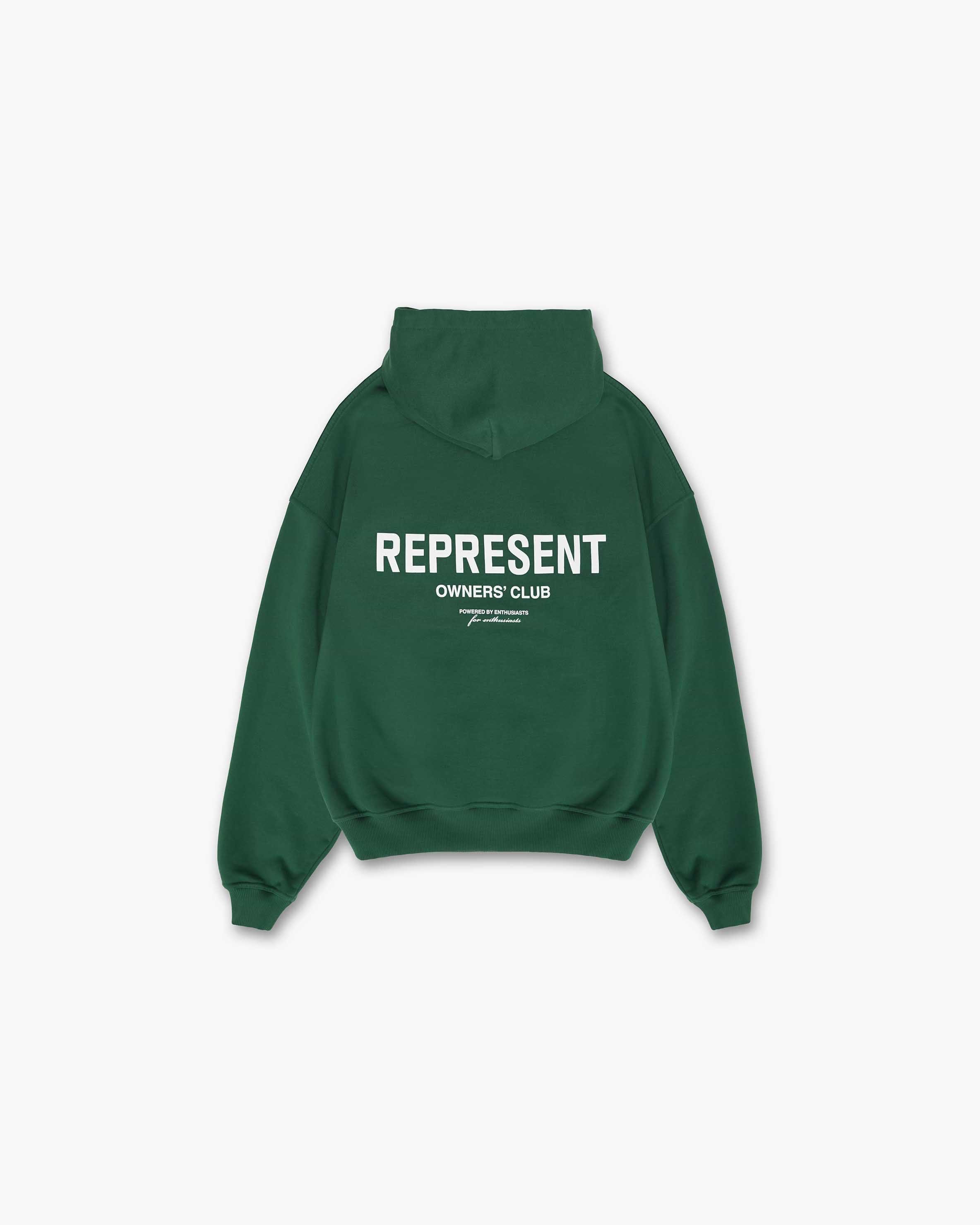 Front product image of a mens green hoodie on a plain white background | Represent Owners Club Hoodie in Racing Green | Hoodie with a relaxed fit and ribbed cuffs | Owners Club Hoodies | Represent Clo
