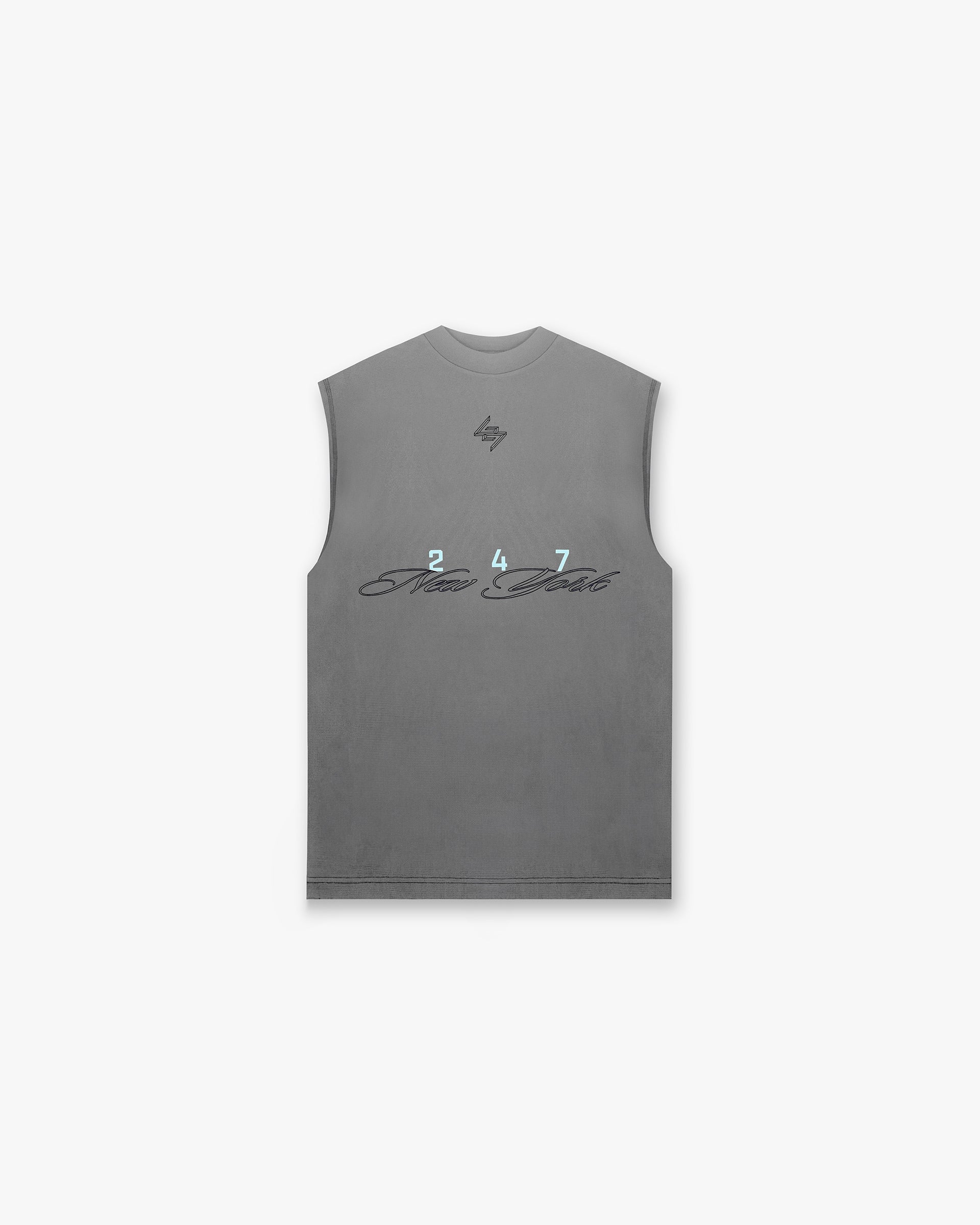 Front product image of a mens grey tank top on a plain white background | 247 New York Tank in Smoke | Sleeveless T-shirt with casual fit | 247 T-Shirts | Represent Clo