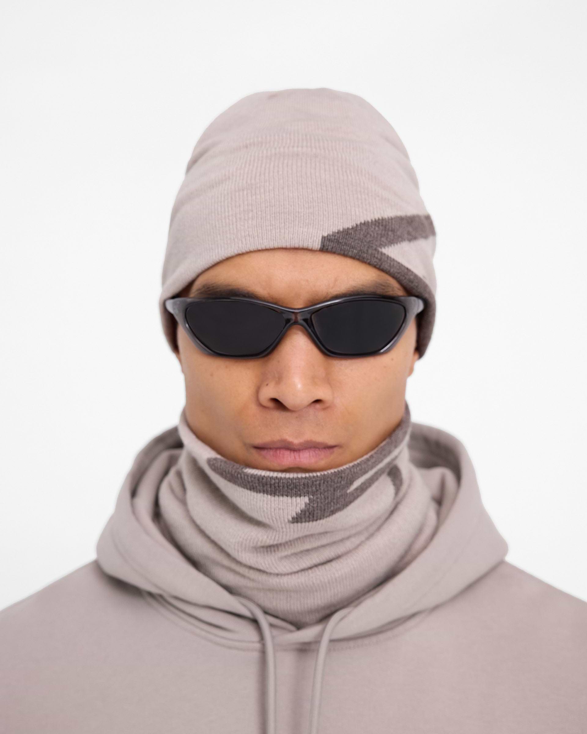 Back product image of a mens grey snood on a plain white background | 247 Knitted Snood in Moonrock | Wool blend snood with self fabric lining | 247 Accessories | Represent Clo