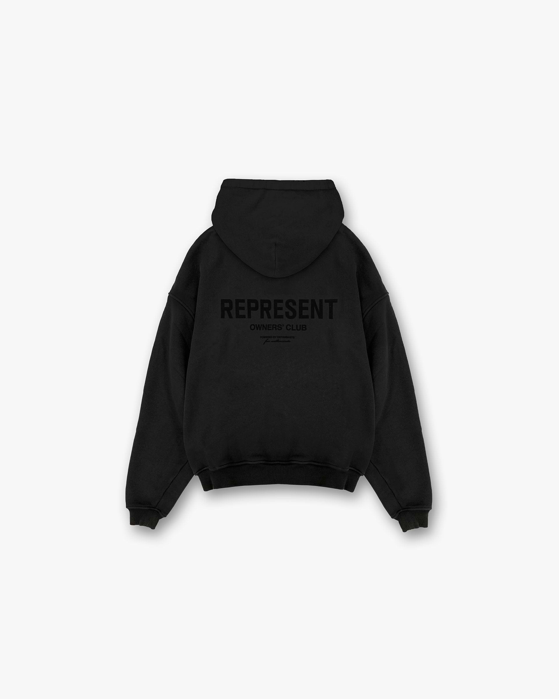 Front product image of a mens black hoodie on a plain white background | Represent Owners Club Flocked Hoodie in Black | Hoodie with flocked design | Owners Club Hoodies | Represent Clo