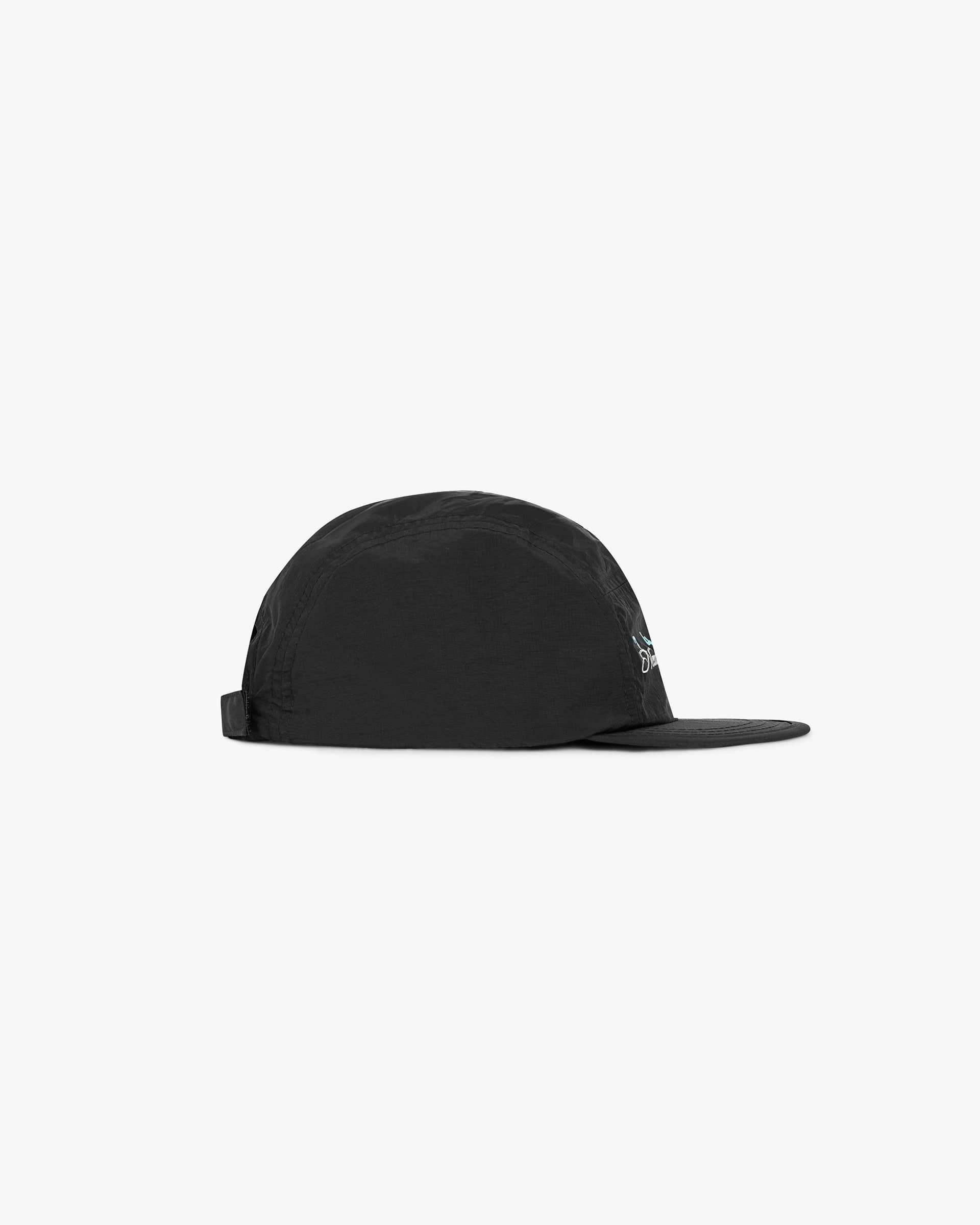 Back product image of a mens black cap on a plain white background | 247 New York Cap in Black | 5-panel cap with New York script branding | 247 Accessories | Represent Clo