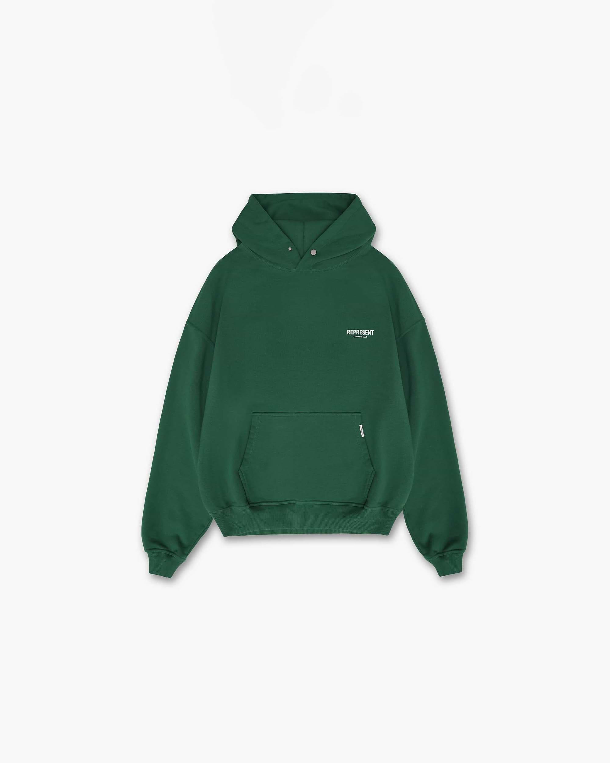 Back product image of a mens green hoodie on a plain white background | Represent Owners Club Hoodie in Racing Green | Oversized hoodie with Cobrax popper and ribbed trims | Owners Club Hoodies | Represent Clo