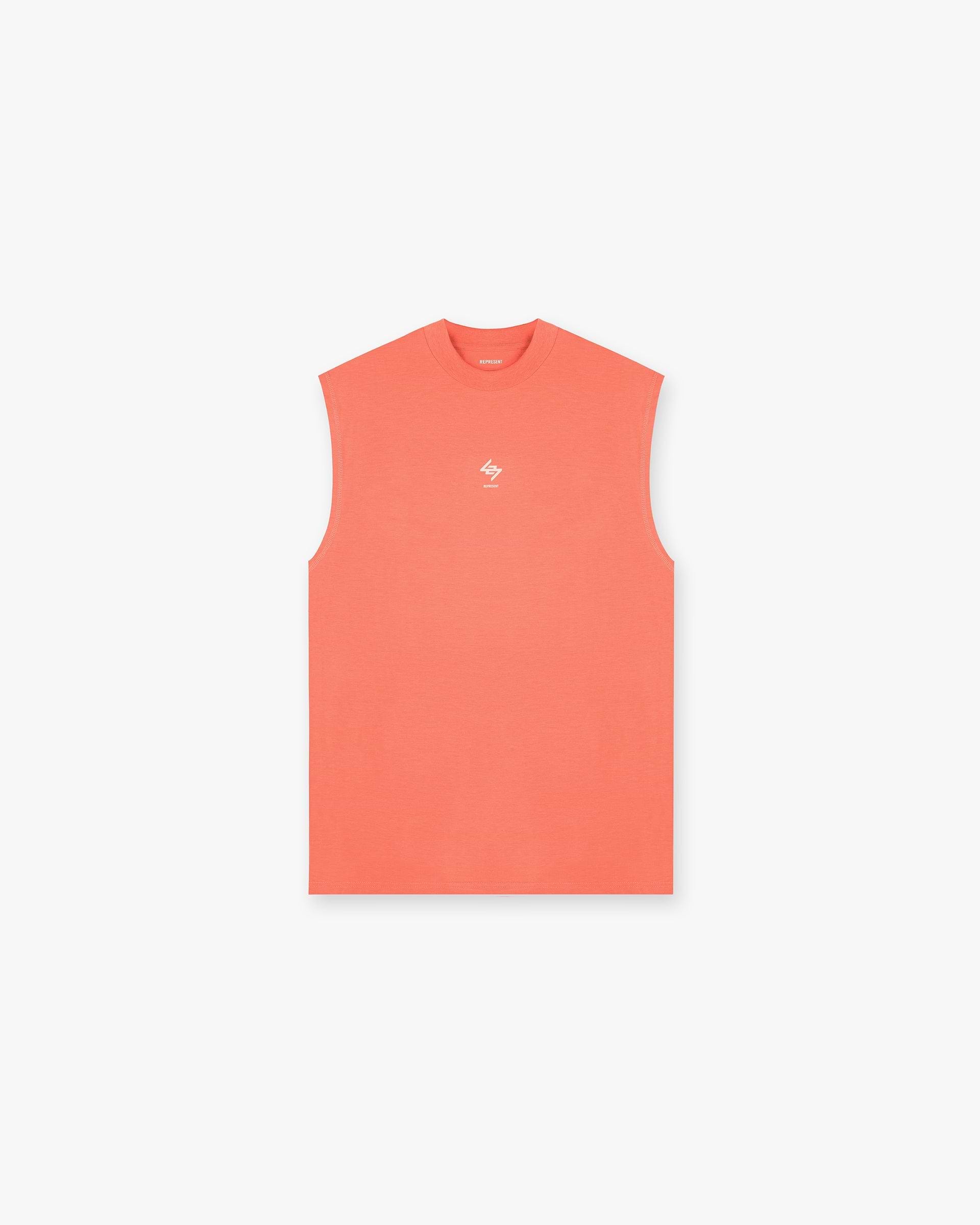 Front product image of a mens coral tank top on a plain white background | 247 Oversized Tank in Coral | Oversized tank top with relaxed fit | 247 T-Shirts | Represent Clo