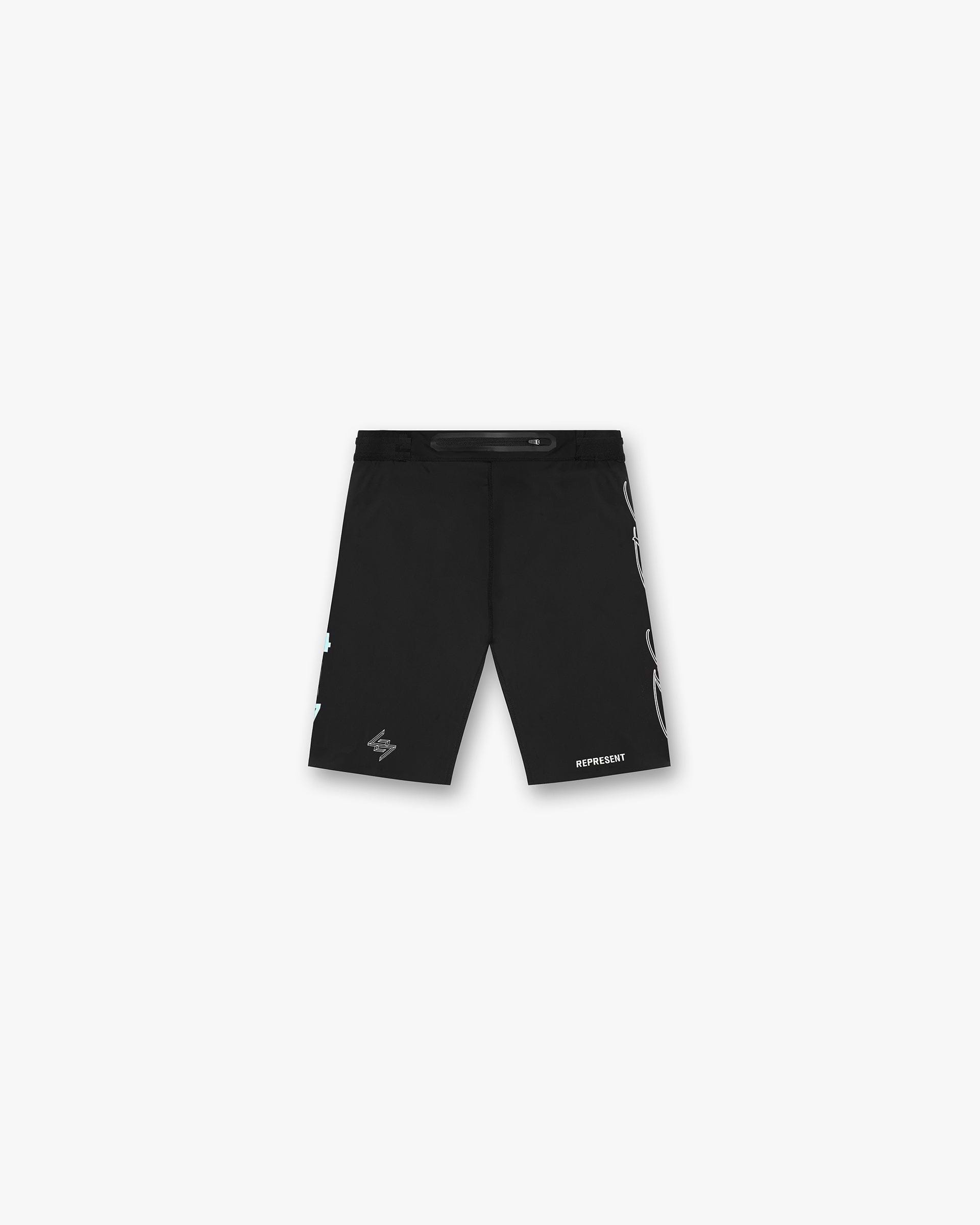 Back product image of mens black running half tights on a plain white background | 247 New York Half Tight in Black | 4-way stretch running shorts with rear pocket | 247 Shorts | Represent Clo