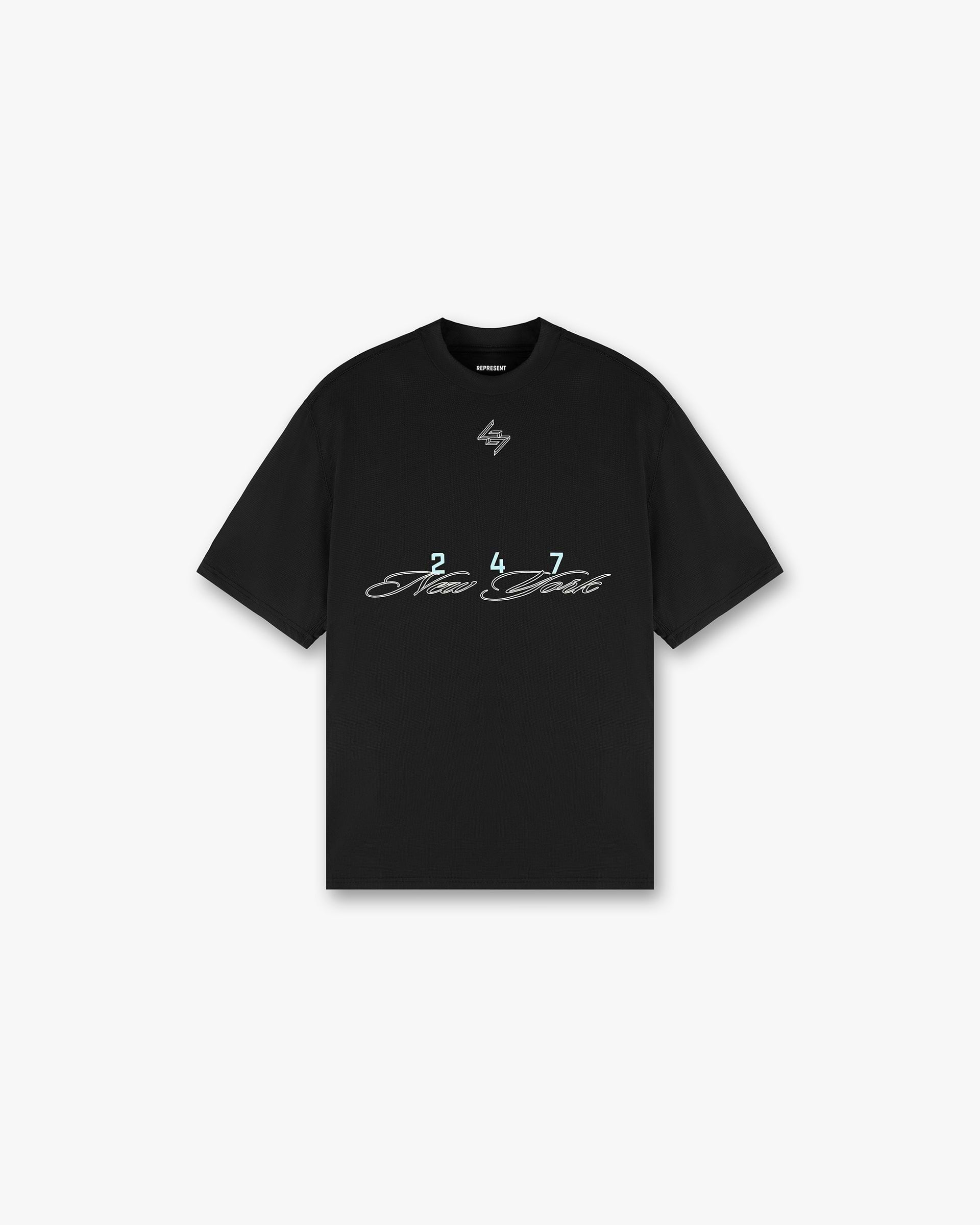 Front product image of a mens black t-shirt on a plain white background | 247 New York T-Shirt in Black | Black t-shirt with regular fit and slimmer sleeves | 247 T-Shirts | Represent Clo
