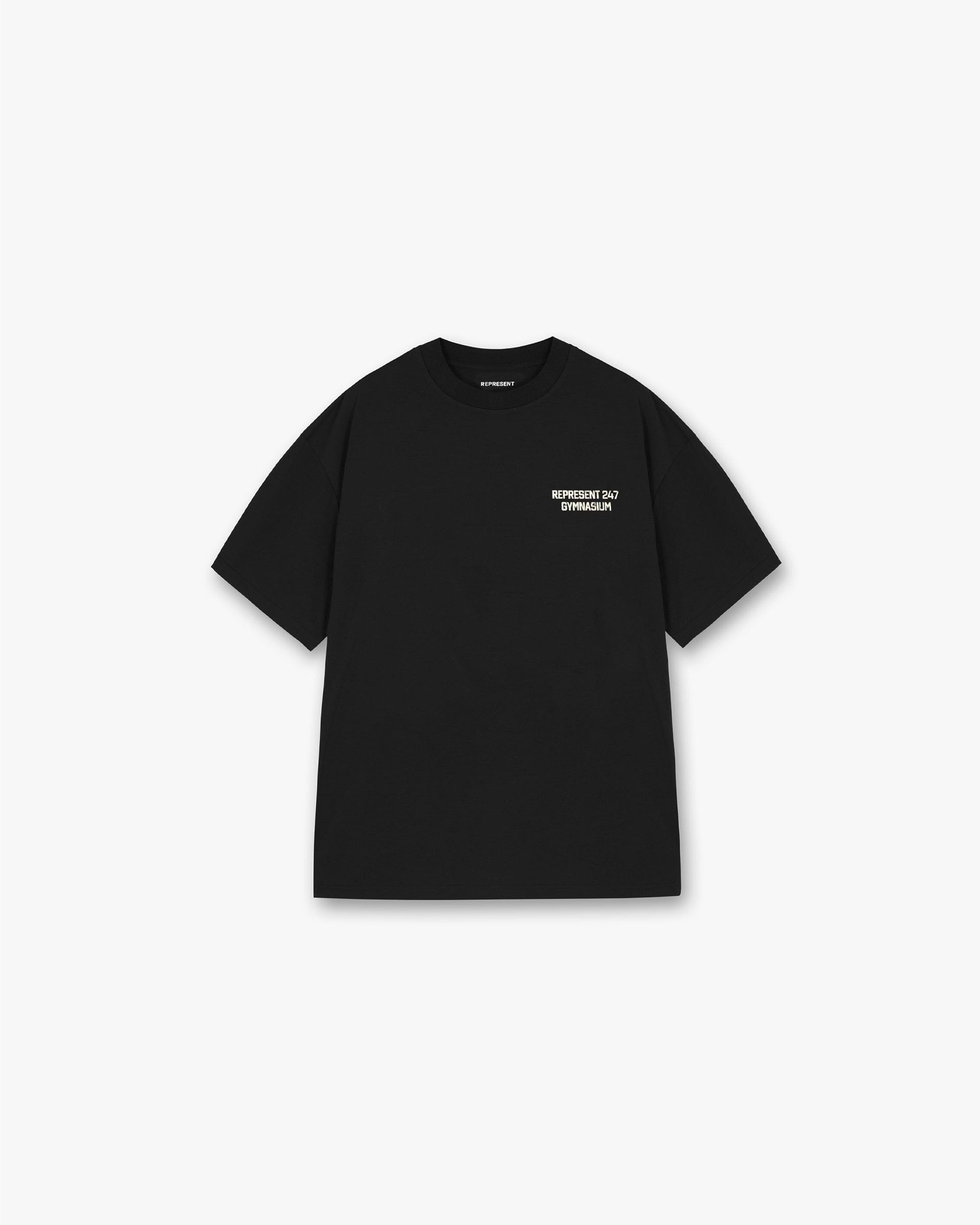 Front product image of a mens black t-shirt on a plain white background | 247 Gymnasium T-Shirt in Off Black | Oversized fit short sleeve jersey tee | 247 T-Shirts | Represent Clo
