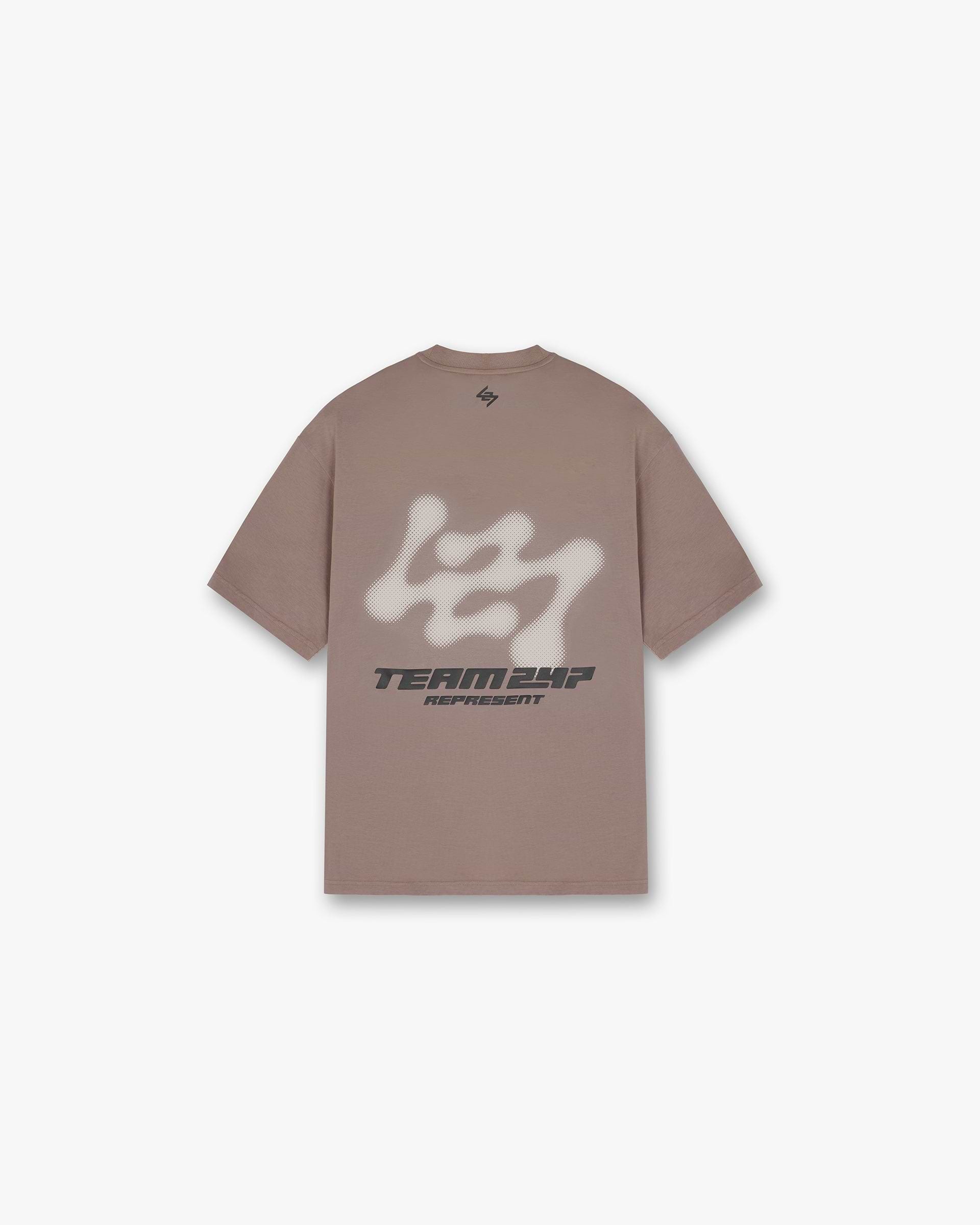Back product image of a mens brown t-shirt on a plain white background | 247 Future Terrains Oversized T-Shirt in Umber | Oversized t-shirt with quick drying breathable fabric | 247 T-Shirts | Represent Clo