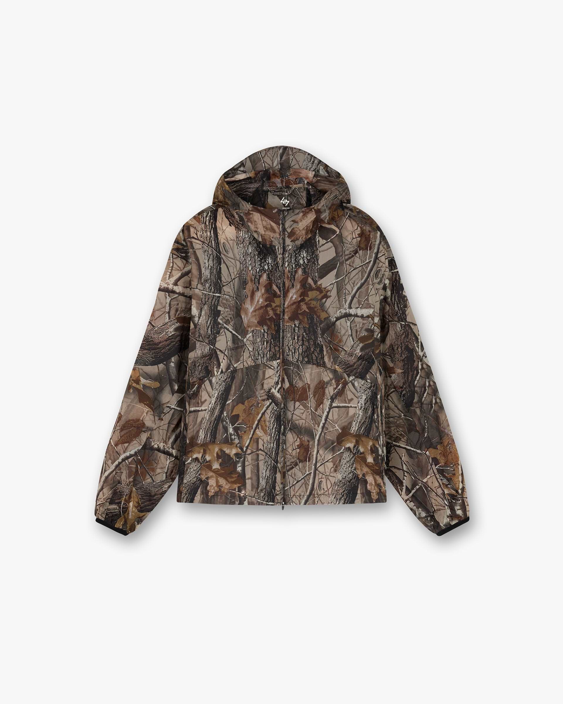 Front product image of a mens multi-color jacket on a plain white background | 247 Hooded Training Jacket in Realtree | Hooded outerwear with camouflage pattern | 247 Outerwear | Represent Clo