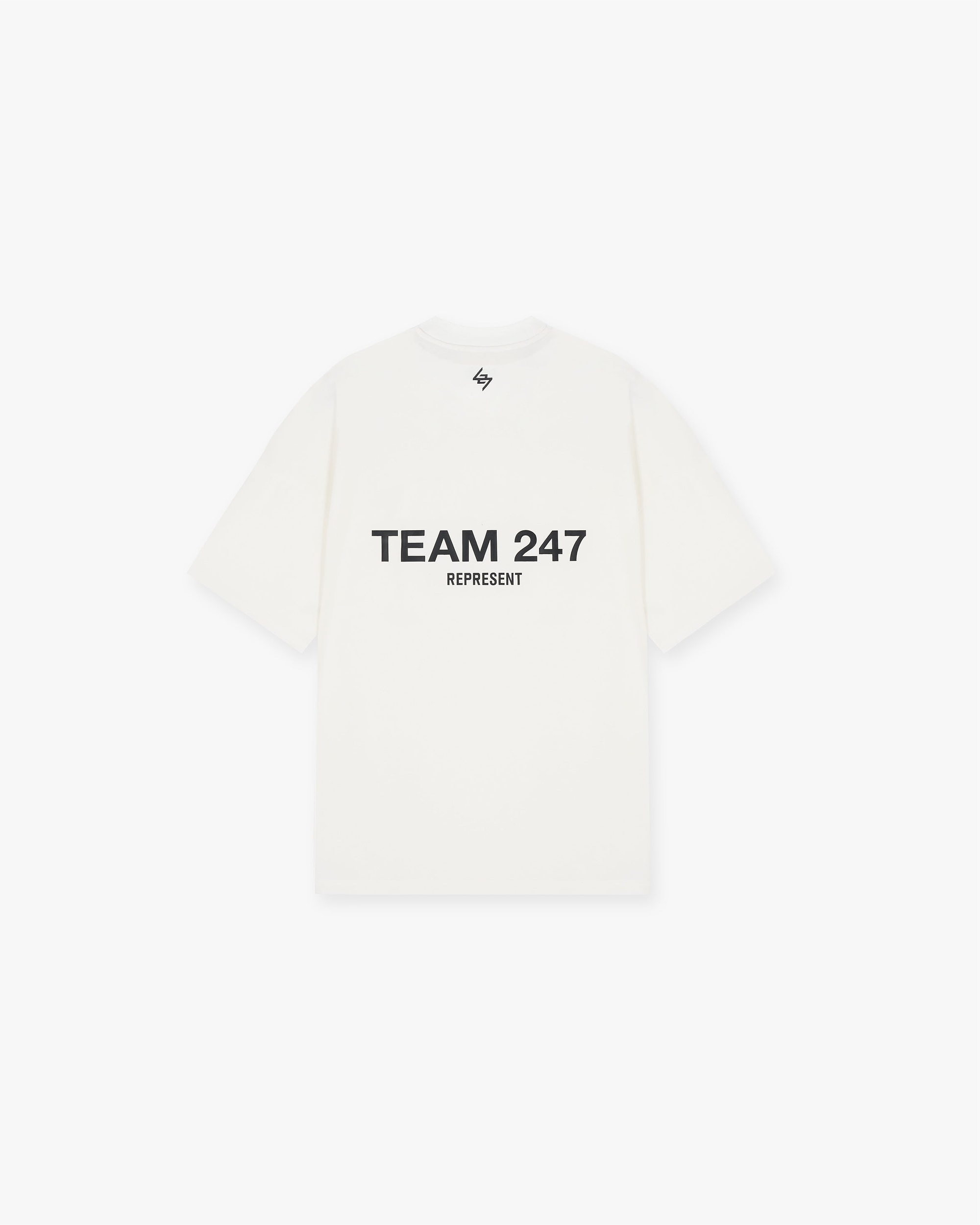 Back product image of a mens white oversized t-shirt on a plain white background | Team 247 Oversized T-Shirt in Flat White | Oversized fit breathable t-shirt | 247 T-Shirts | Represent Clo