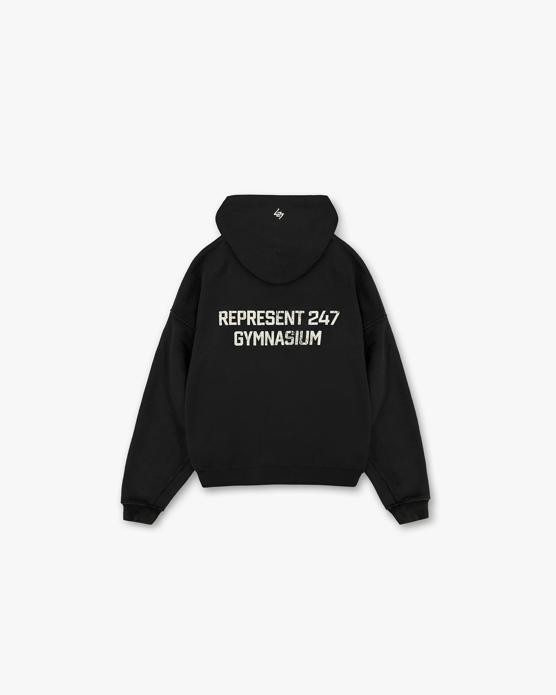 Back product image of a mens black hoodie on a plain white background | 247 Gymnasium Boxy Hoodie in Off Black | Relaxed boxy fit hoodie with ribbed hem and cuffs | 247 Hoodies | Represent Clo