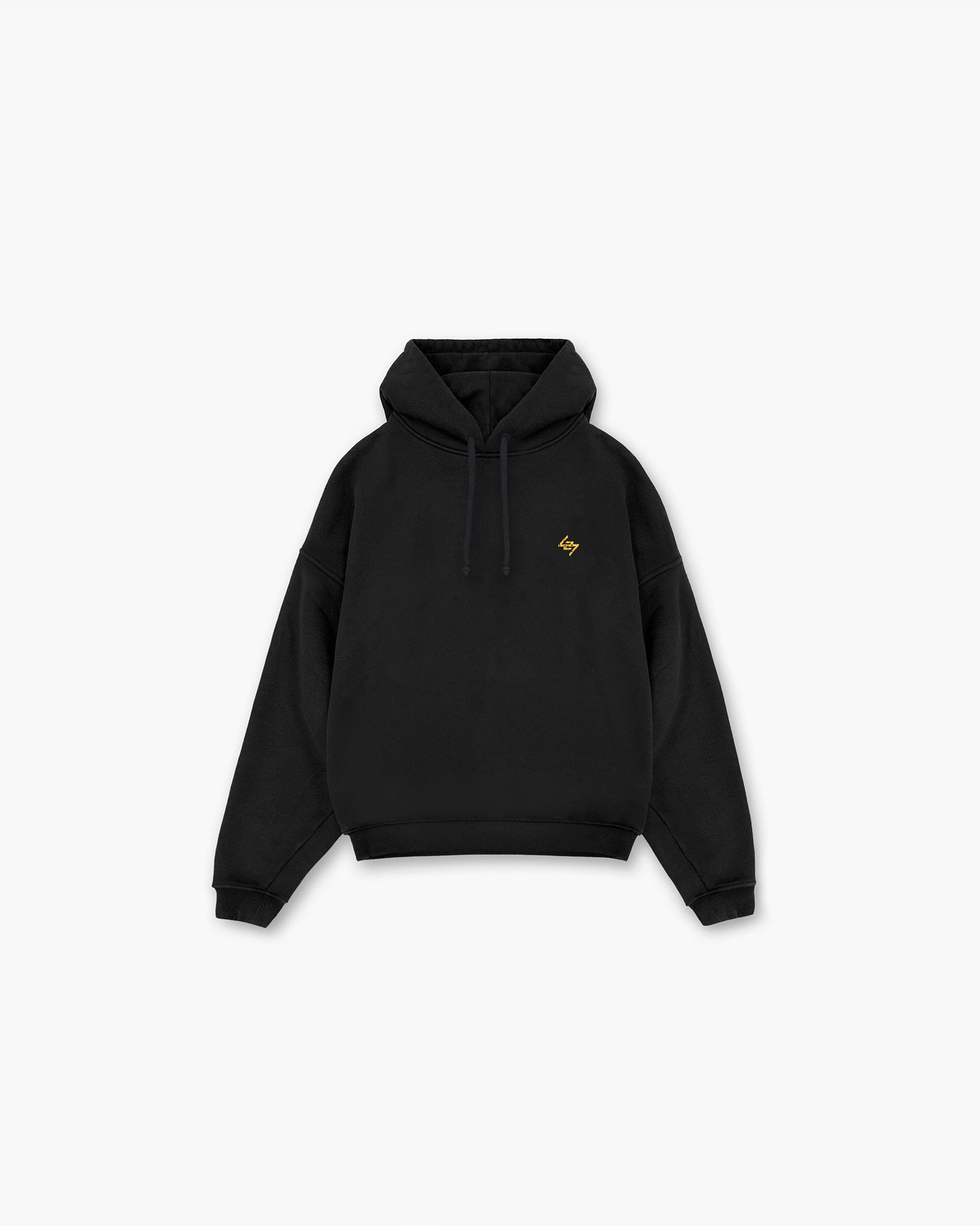 Front product image of a kids black hoodie on a plain white background | 247 On His Shoulders Boxy Hoodie in Off Black | Oversized kids hoodie with screen printed graphic | 247 Hoodies | Represent Clo