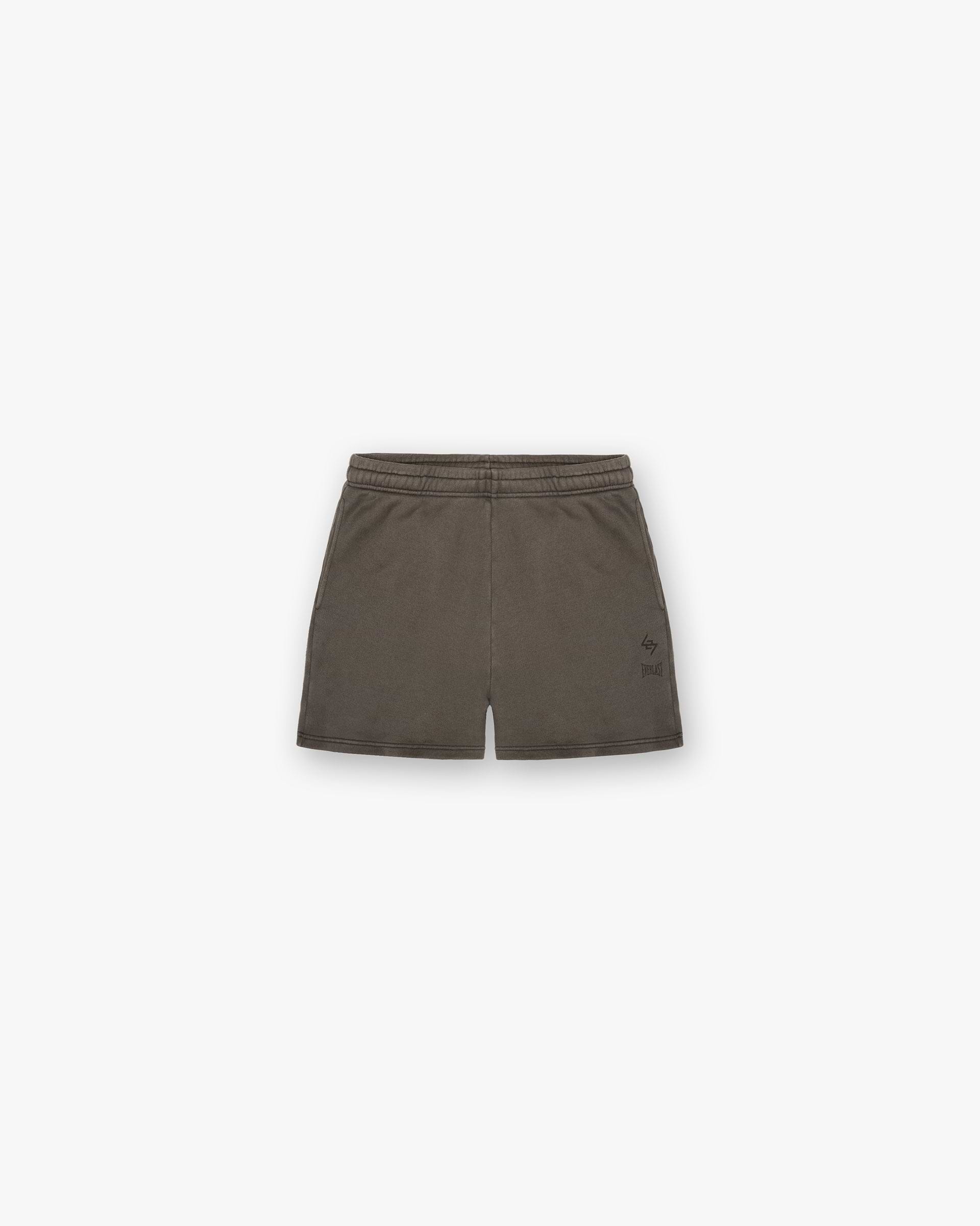 Front product image of mens brown shorts on a plain white background | 247 X Everlast Training Camp Jersey Shorts in Washed Brown | Jersey shorts with elasticated waistband | 247 Shorts | Represent Clo