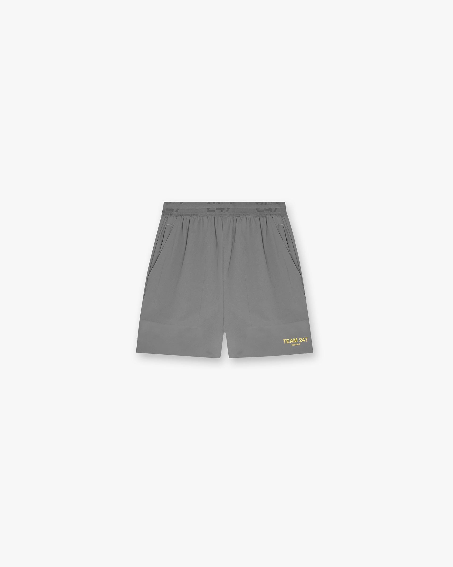 Front product image of mens grey shorts on a plain white background | Team 247 Fused Shorts in Pewter Lemon | Shorts with Realtree Camo design | 247 Shorts | Represent Clo