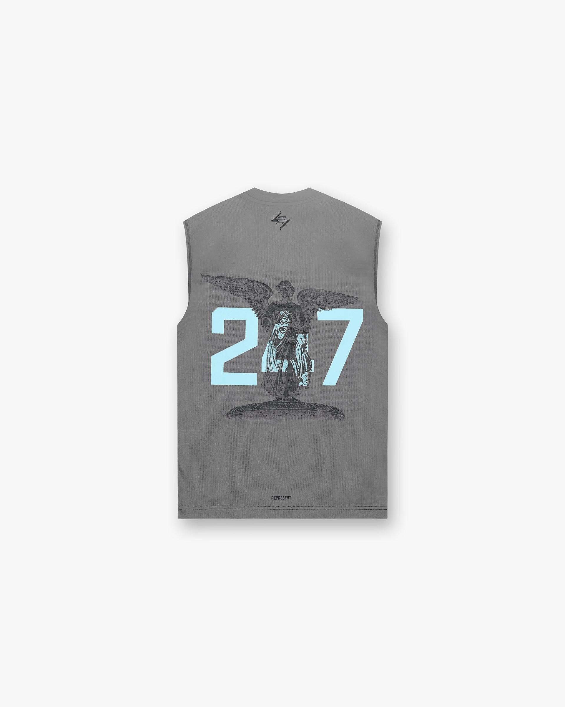 Back product image of a mens grey tank top on a plain white background | 247 New York Tank in Smoke | Oversized tank with compact mesh and UV protection | 247 T-Shirts | Represent Clo