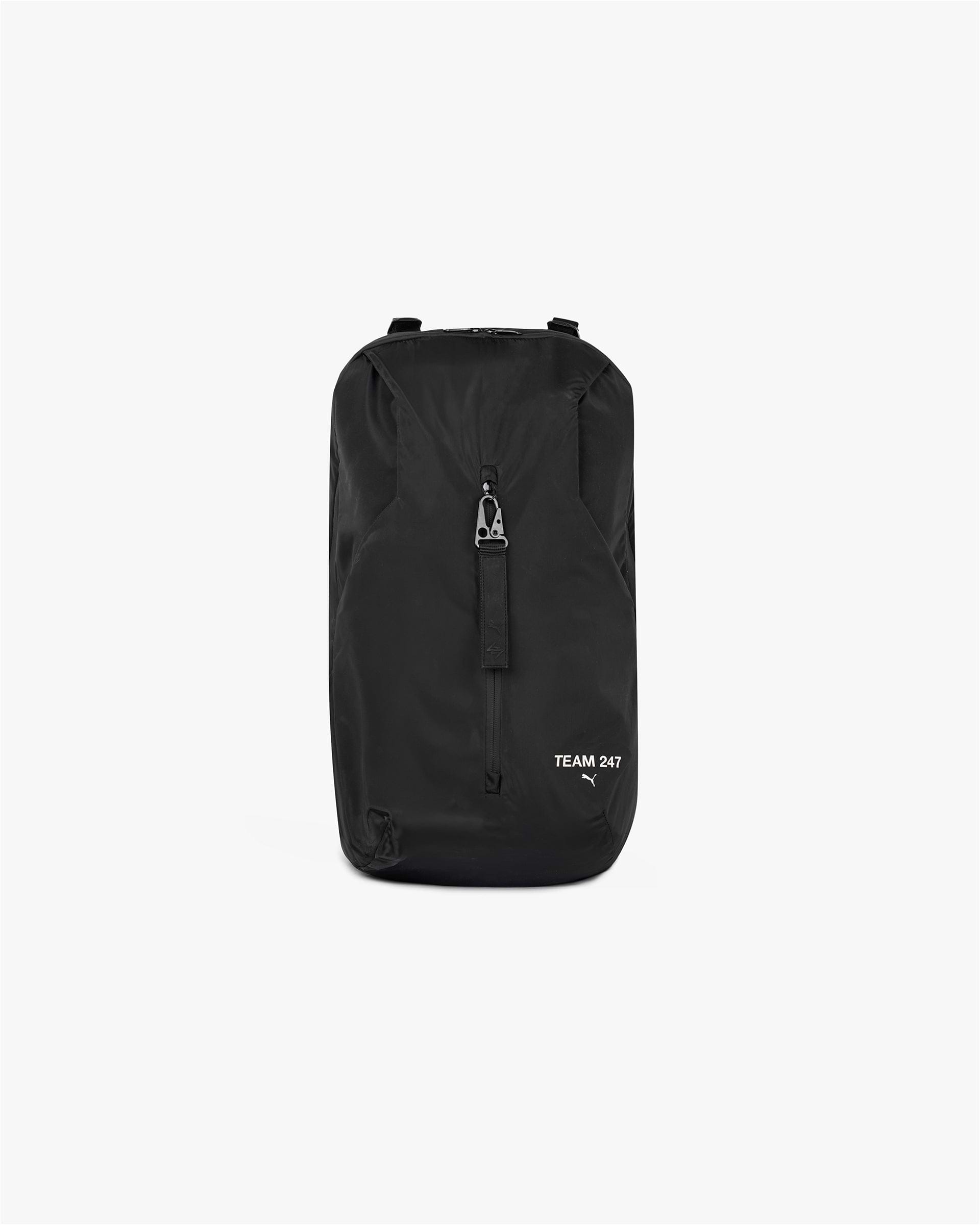 Front product image of a mens black backpack on a plain white background | 247 X Puma Backpack in Black | Stylish backpack with durable materials | 247 Accessories | Represent Clo