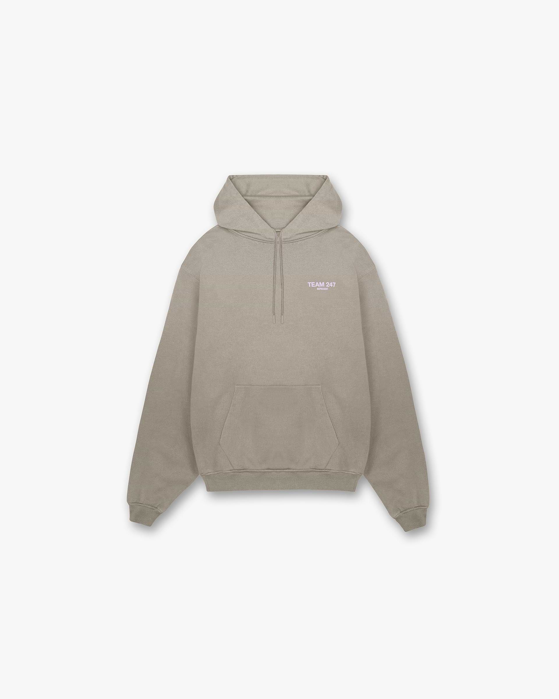 Front product image of a mens khaki oversized hoodie on a plain white background | Team 247 Oversized Hoodie in Khaki Lilac | Hoodie with relaxed fit | 247 Hoodies | Represent Clo