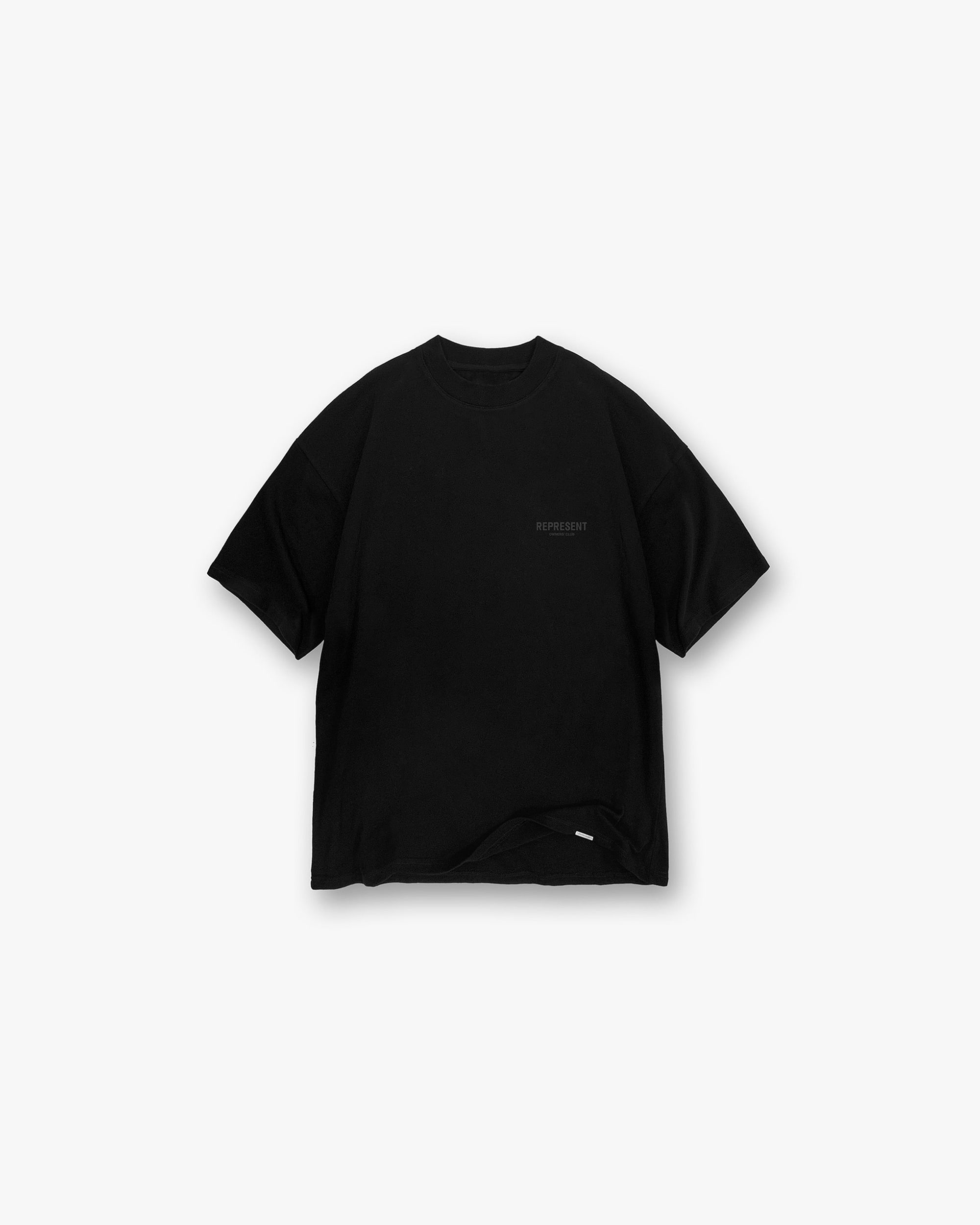 Back product image of a mens black t-shirt on a plain white background | Represent Owners Club T-Shirt in Black Matte | Oversized short sleeve jersey tee with matte black branding | Owners Club T-Shirts | Represent Clo