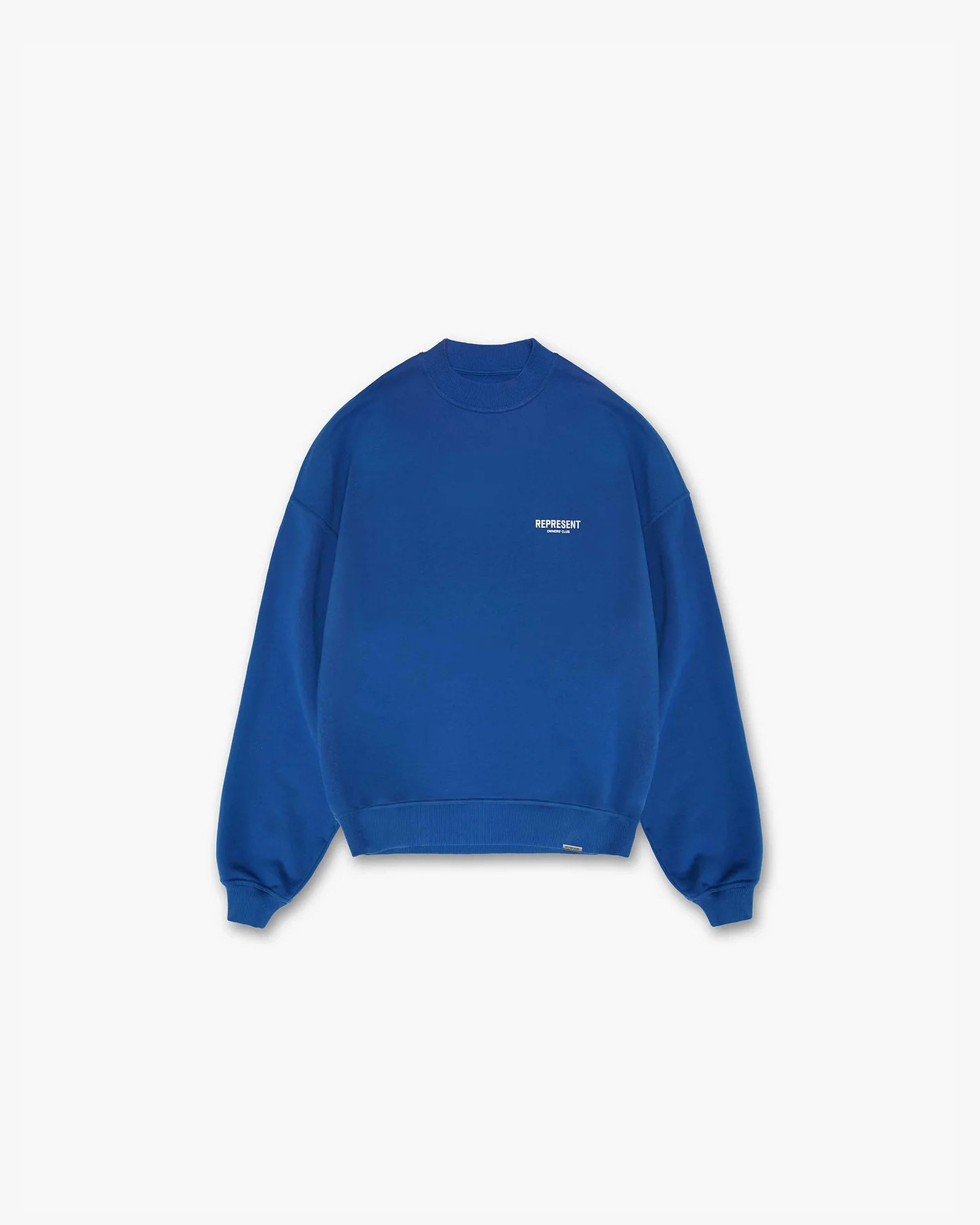 Back product image of a mens blue sweater on a plain white background | Represent Owners Club Sweater in Cobalt | Heavy weight jersey cotton oversized sweater | Owners Club Sweaters | Represent Clo