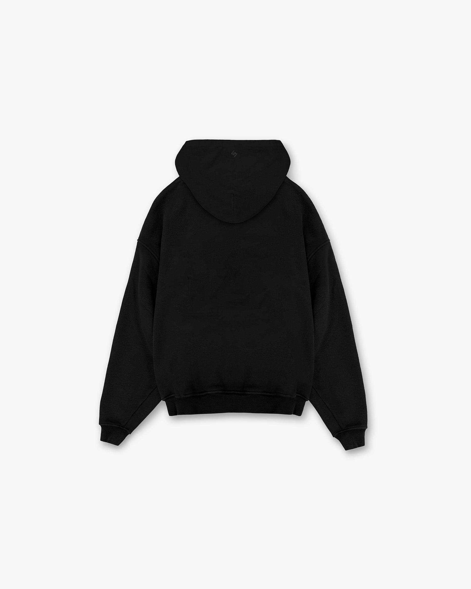 Back product image of a mens black hoodie on a plain white background | 247 DNA Oversized Hoodie in Black | Oversized hoodie with ribbed cuffs and hem | 247 Hoodies | Represent Clo